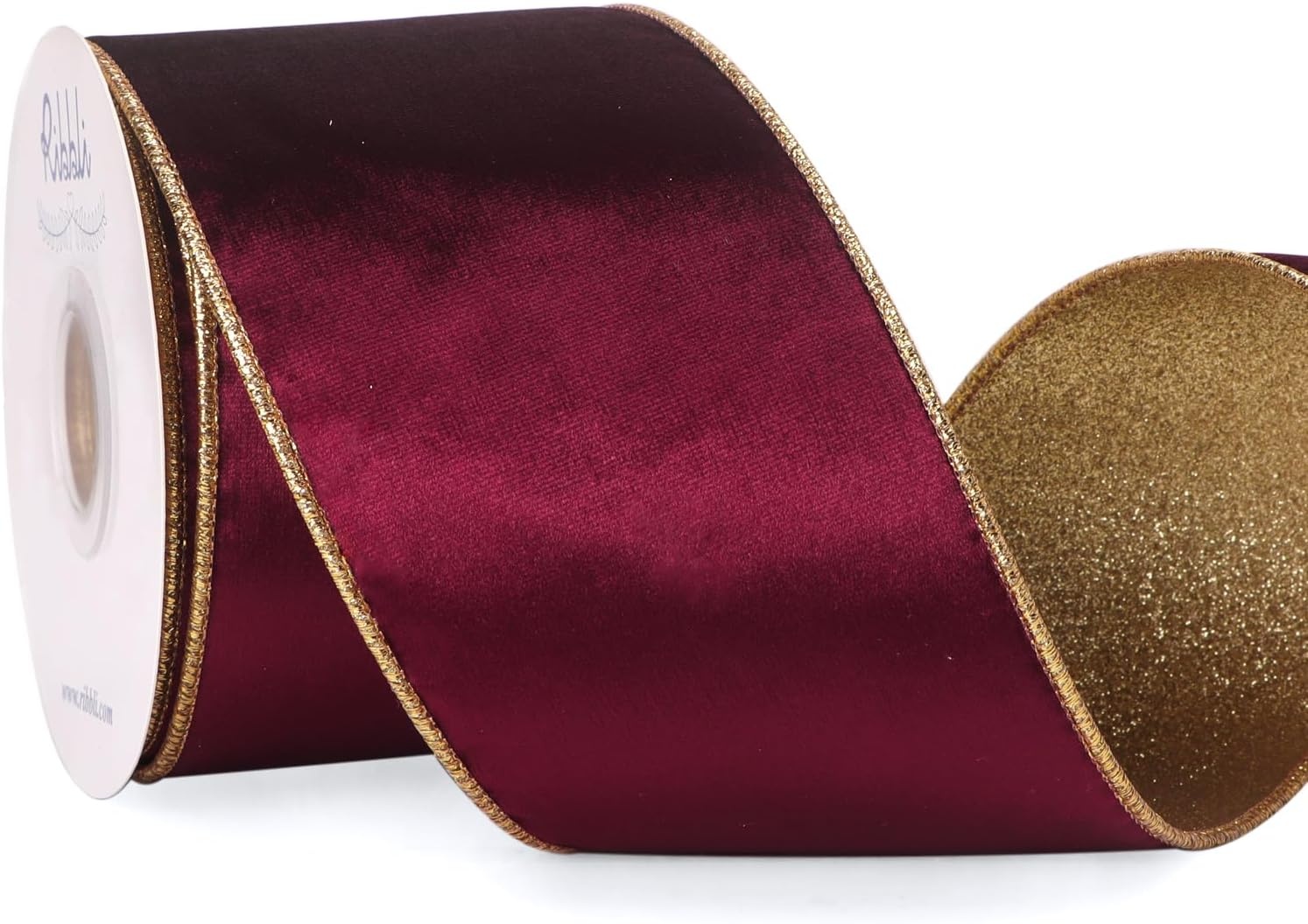 Ribbli Moss Green Velvet Ribbon Wired 2.5 Inch Glossy Velvet with Gold Glitter Christmas Ribbon for Christmas Tree Decoration Big Bow Gift Wrapping Crafts Wreaths Supplies – Continuous 10 Yards(Burgundy)
