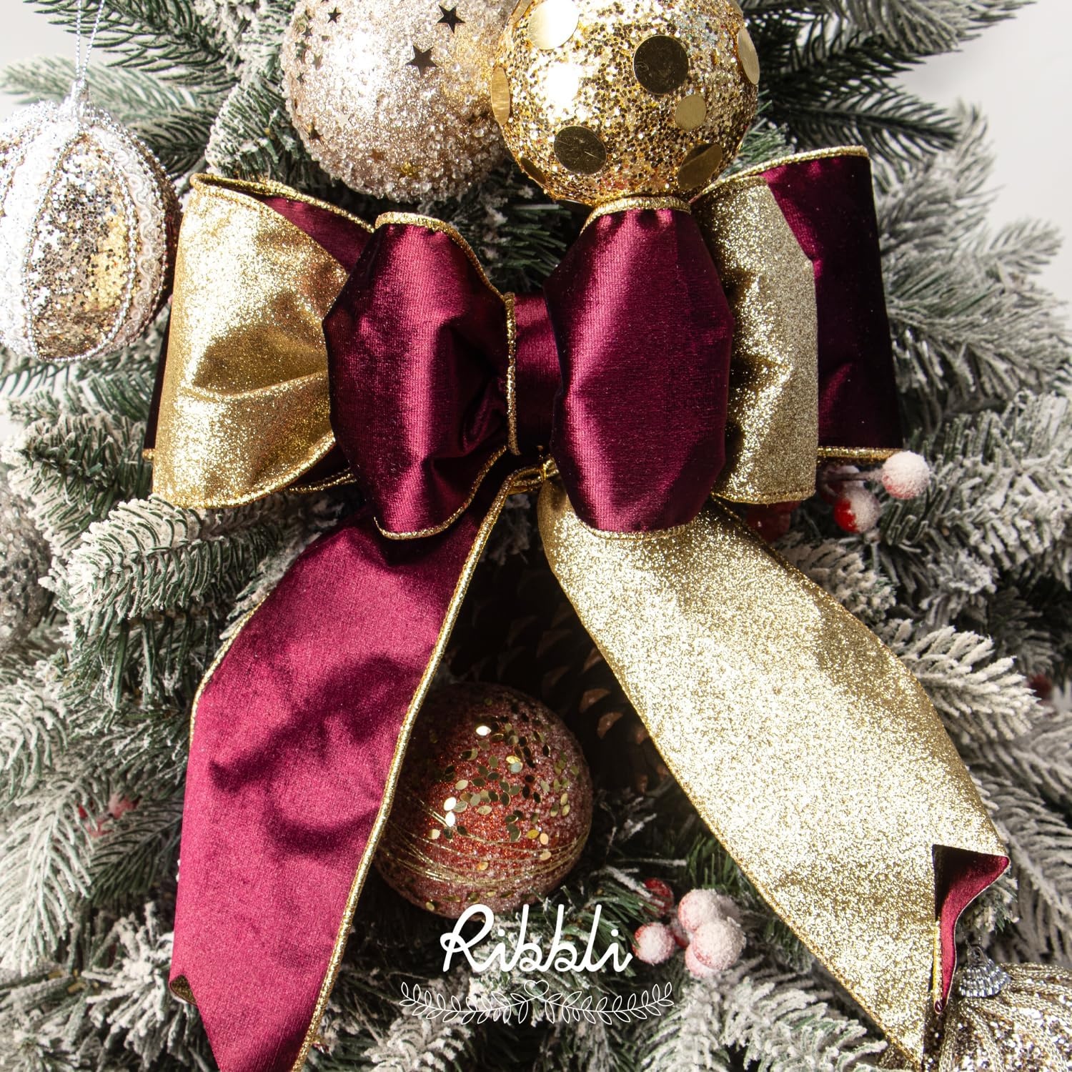 Ribbli Moss Green Velvet Ribbon Wired 2.5 Inch Glossy Velvet with Gold Glitter Christmas Ribbon for Christmas Tree Decoration Big Bow Gift Wrapping Crafts Wreaths Supplies – Continuous 10 Yards(Burgundy)