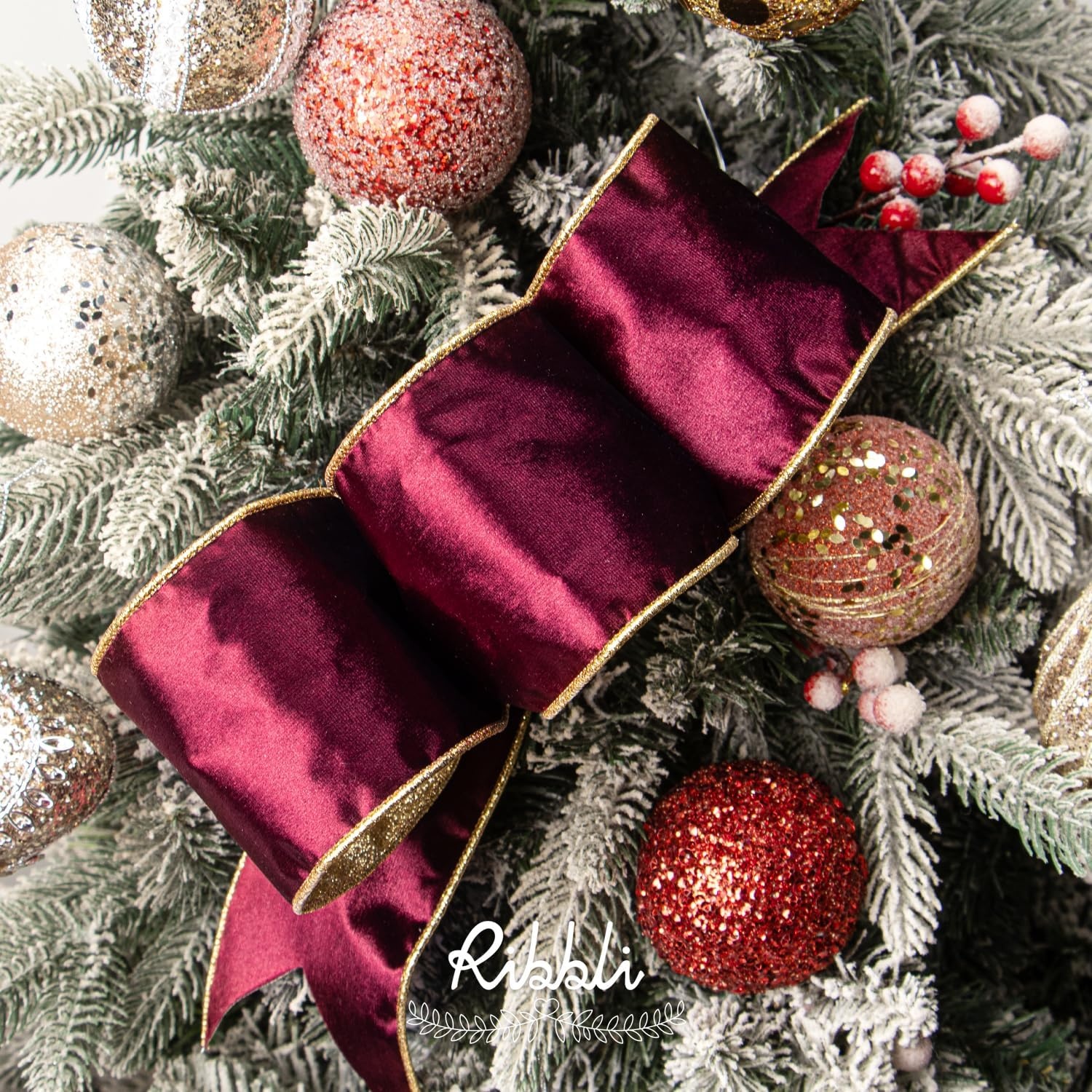 Ribbli Moss Green Velvet Ribbon Wired 2.5 Inch Glossy Velvet with Gold Glitter Christmas Ribbon for Christmas Tree Decoration Big Bow Gift Wrapping Crafts Wreaths Supplies – Continuous 10 Yards(Burgundy)