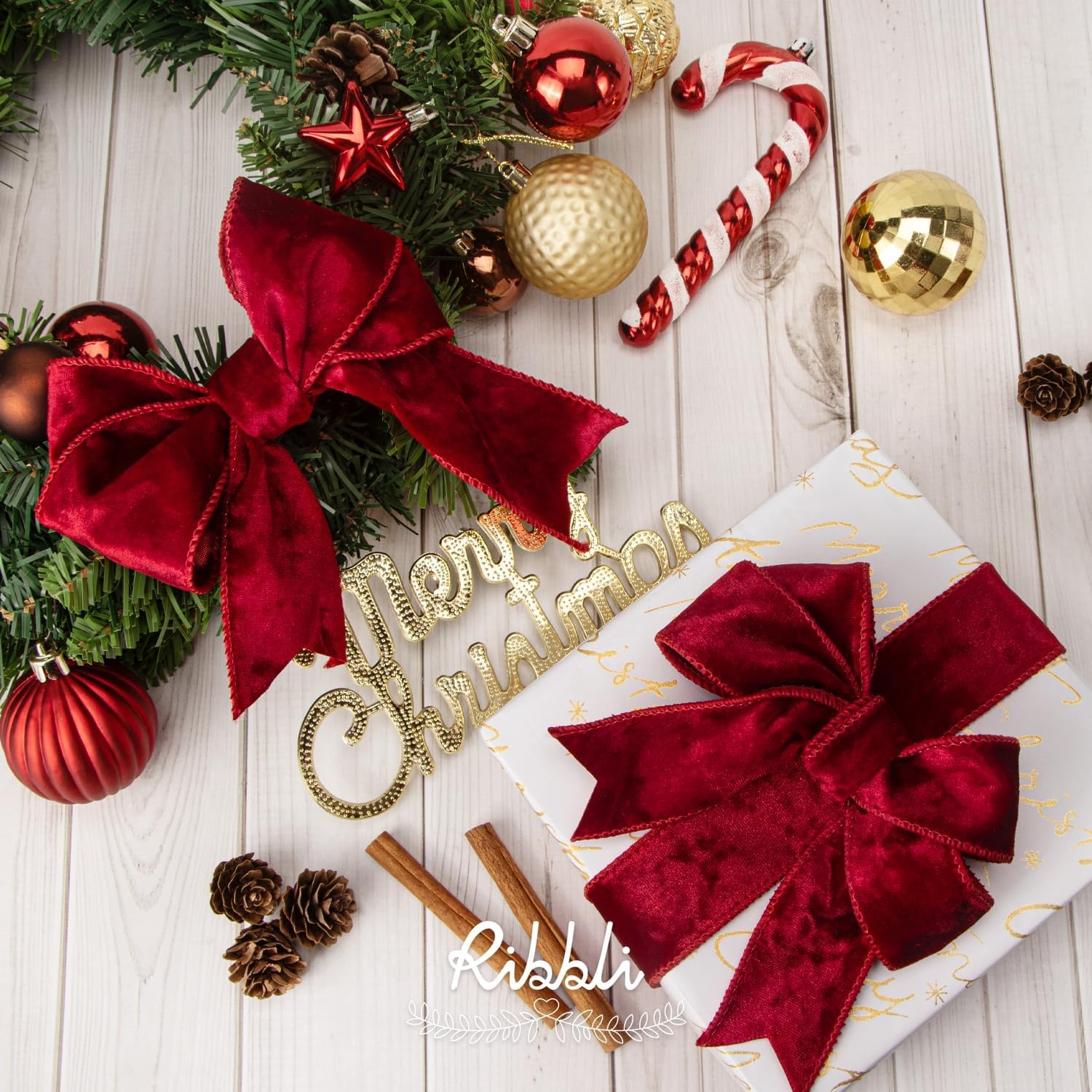Ribbli Black Velvet Wired Ribbon 2.5 Inch Metallic Black Gold Crushed Velvet Christmas Ribbon for Gift Wrapping Christmas Tree Decoration Crafts Wreaths Supplies-Continuous 10 Yards(Red(solid))