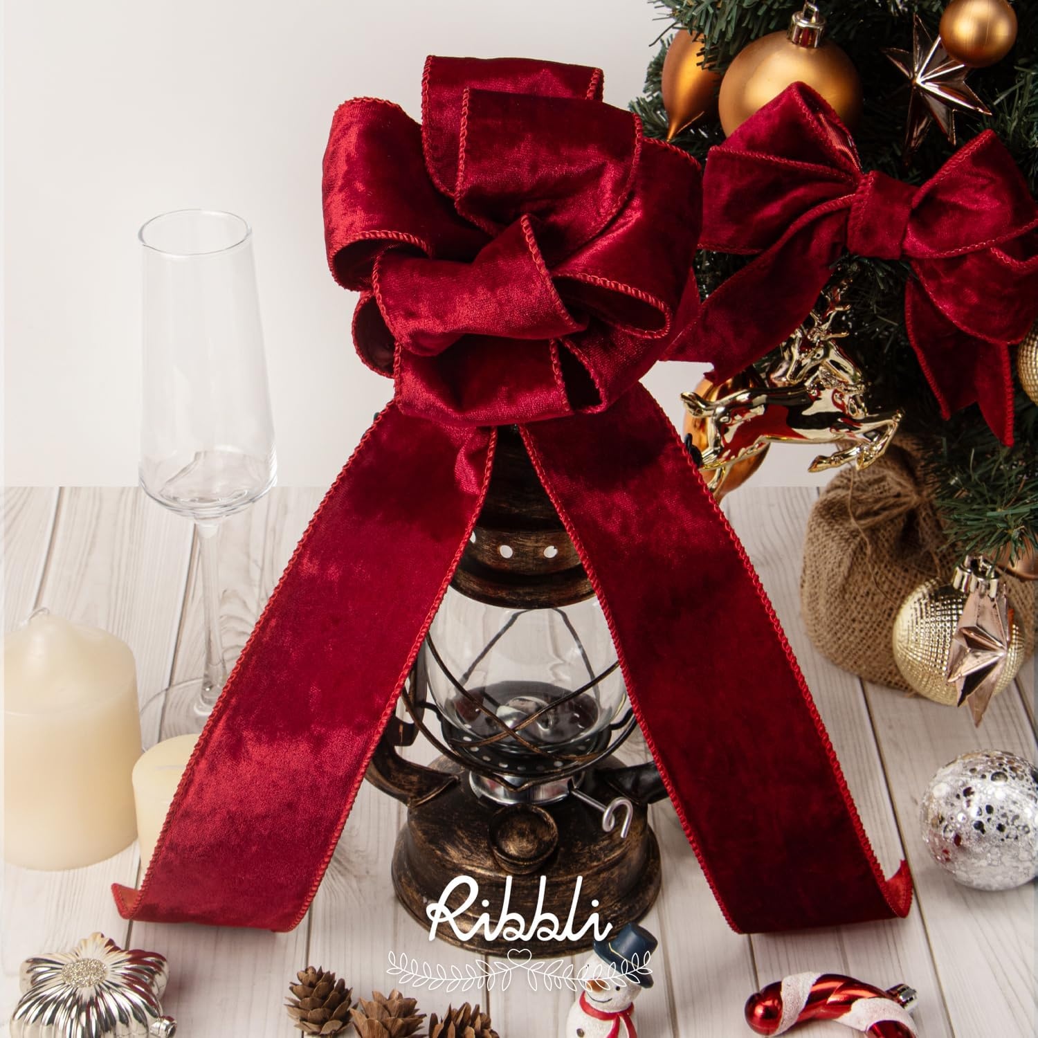 Ribbli Black Velvet Wired Ribbon 2.5 Inch Metallic Black Gold Crushed Velvet Christmas Ribbon for Gift Wrapping Christmas Tree Decoration Crafts Wreaths Supplies-Continuous 10 Yards(Red(solid))