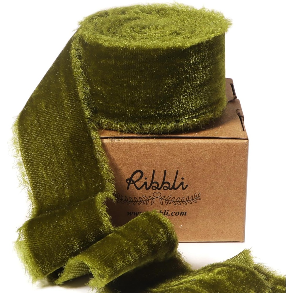 Ribbli Light Champagne Velvet Ribbon 2 Inch Handmade Frayed Vintage Christmas Ribbon for Gift Wrapping Christmas Tree Ornament Wreath Craft Home Decor-3 Yards(Moss Green)