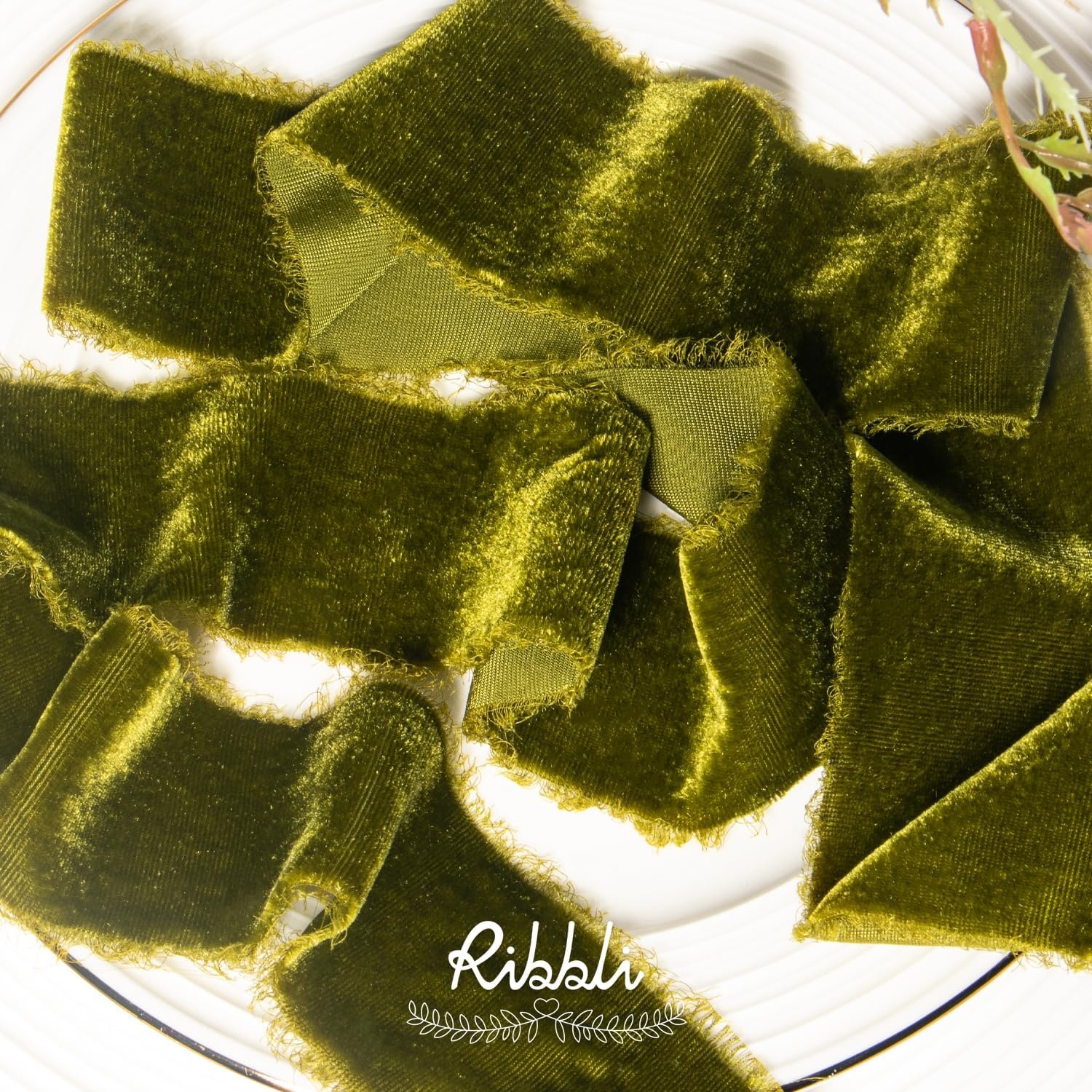 Ribbli Light Champagne Velvet Ribbon 2 Inch Handmade Frayed Vintage Christmas Ribbon for Gift Wrapping Christmas Tree Ornament Wreath Craft Home Decor-3 Yards(Moss Green)