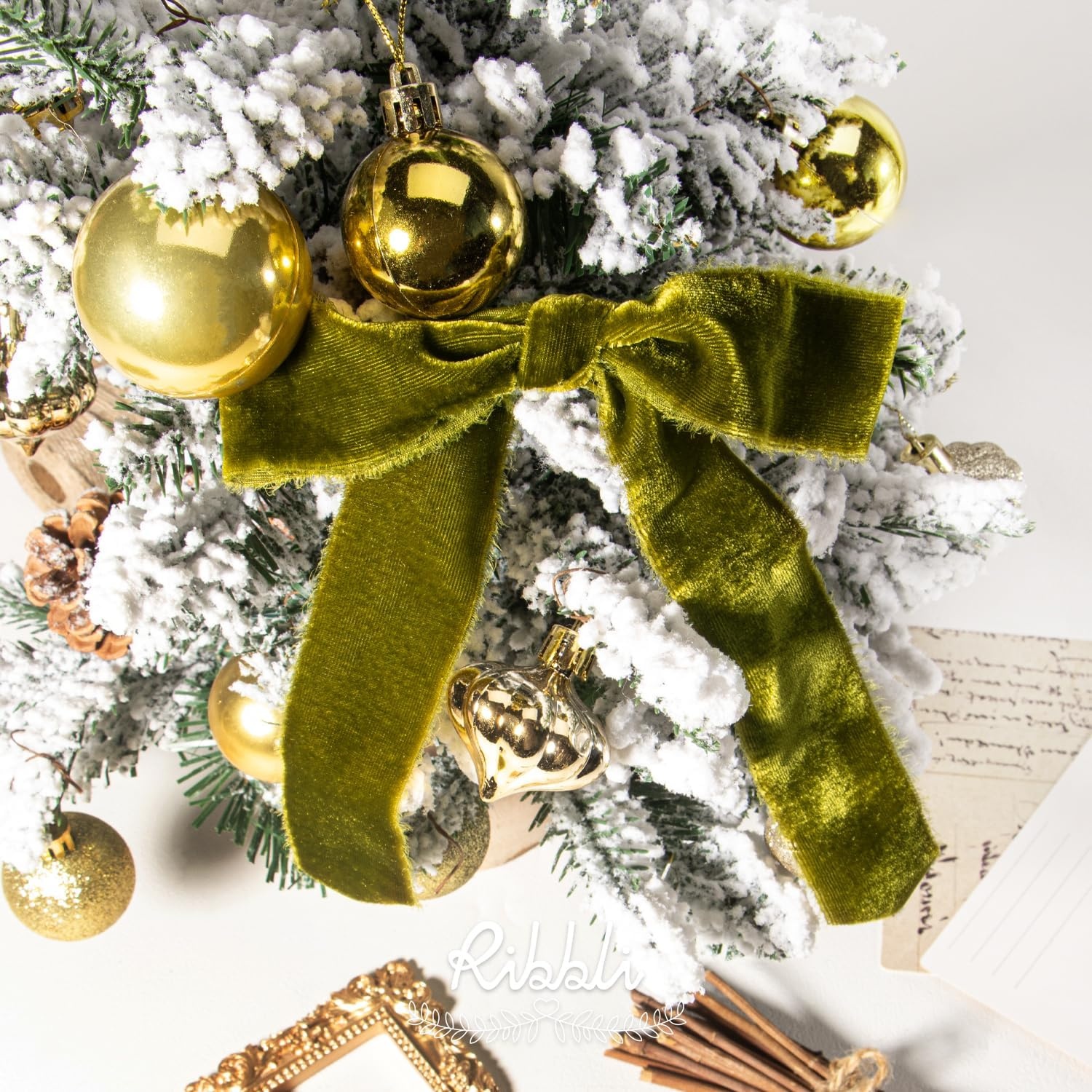Ribbli Light Champagne Velvet Ribbon 2 Inch Handmade Frayed Vintage Christmas Ribbon for Gift Wrapping Christmas Tree Ornament Wreath Craft Home Decor-3 Yards(Moss Green)