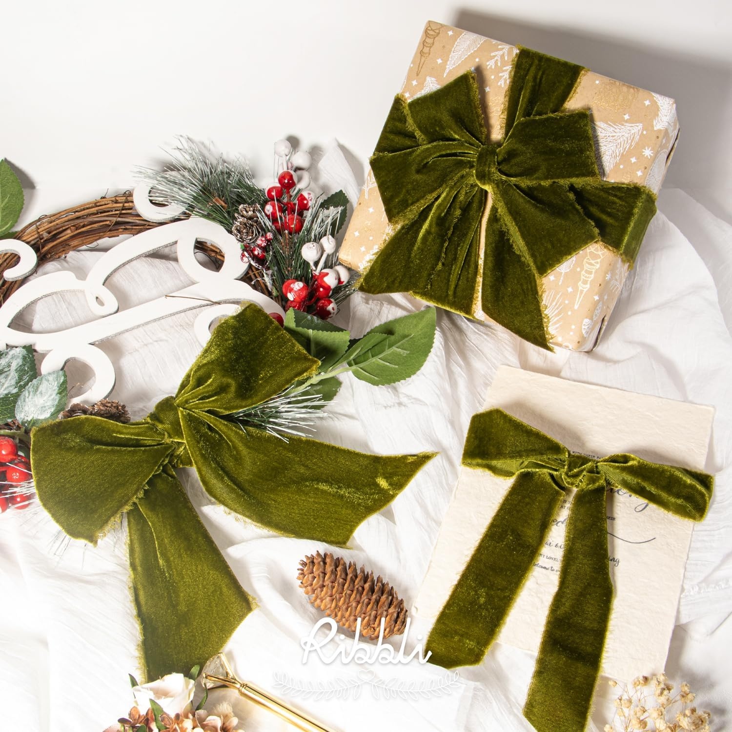 Ribbli Light Champagne Velvet Ribbon 2 Inch Handmade Frayed Vintage Christmas Ribbon for Gift Wrapping Christmas Tree Ornament Wreath Craft Home Decor-3 Yards(Moss Green)