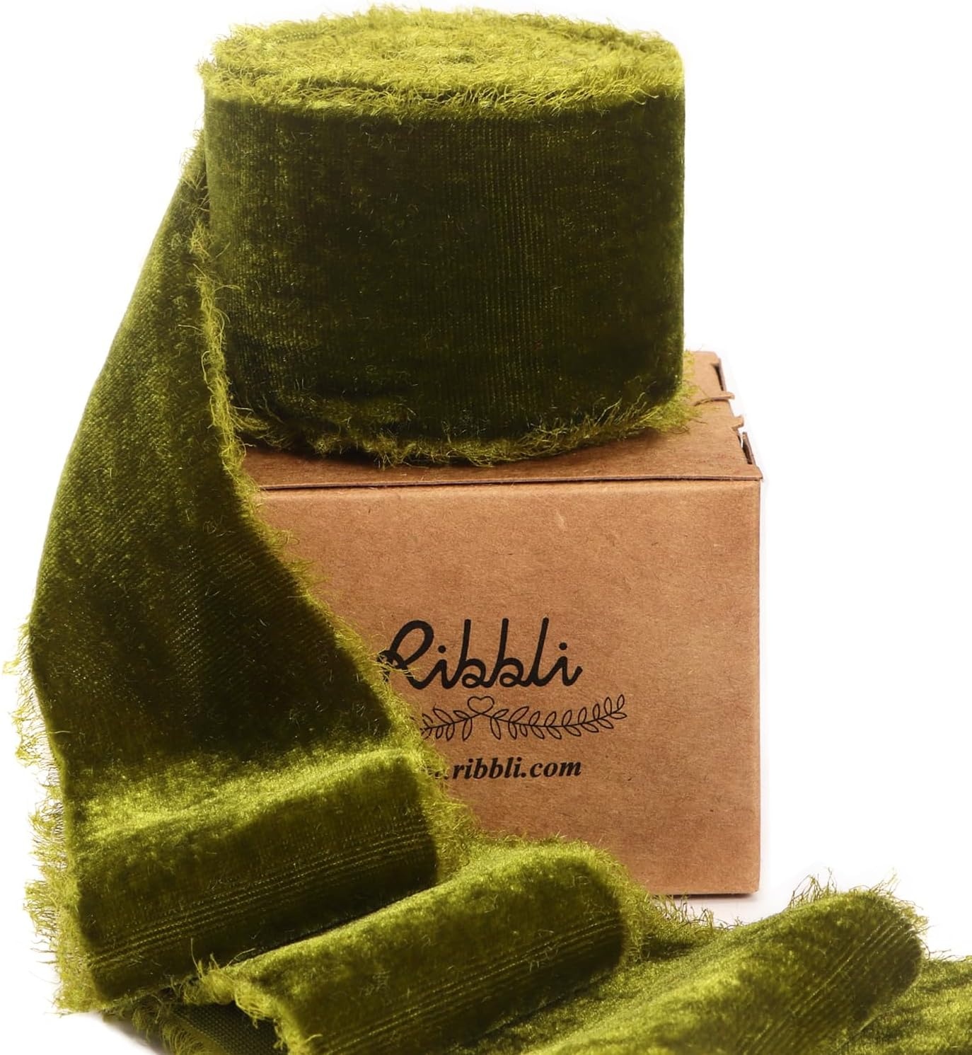 Ribbli Light Champagne Velvet Ribbon 2 Inch Handmade Frayed Vintage Christmas Ribbon for Gift Wrapping Christmas Tree Ornament Wreath Craft Home Decor-3 Yards(Moss Green)