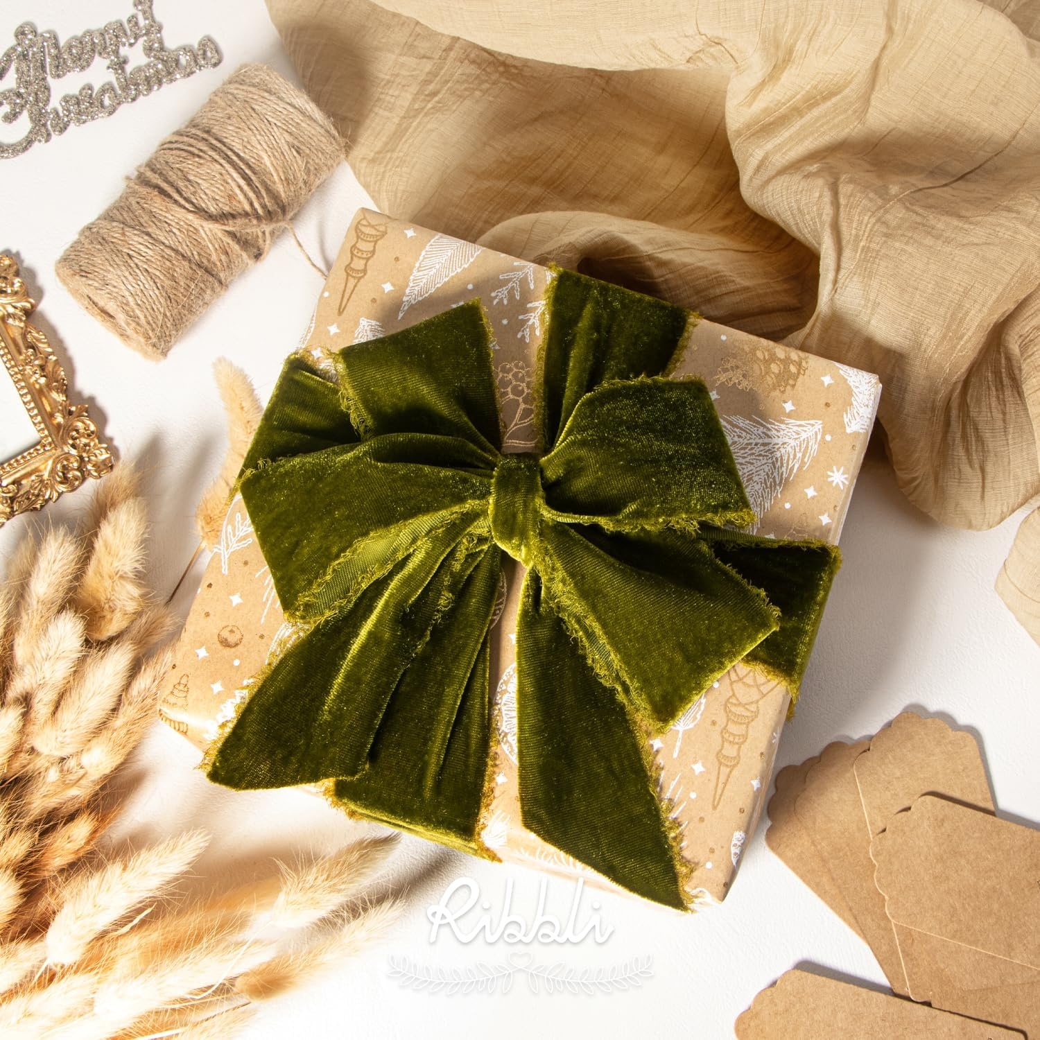 Ribbli Light Champagne Velvet Ribbon 2 Inch Handmade Frayed Vintage Christmas Ribbon for Gift Wrapping Christmas Tree Ornament Wreath Craft Home Decor-3 Yards(Moss Green)