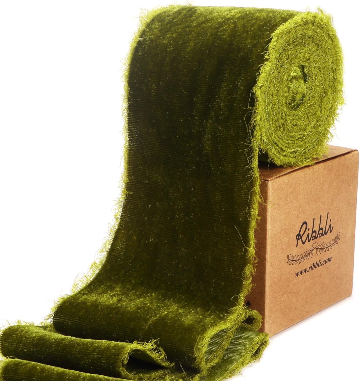 Ribbli Light Champagne Velvet Ribbon 2 Inch Handmade Frayed Vintage Christmas Ribbon for Gift Wrapping Christmas Tree Ornament Wreath Craft Home Decor-3 Yards(Moss Green)
