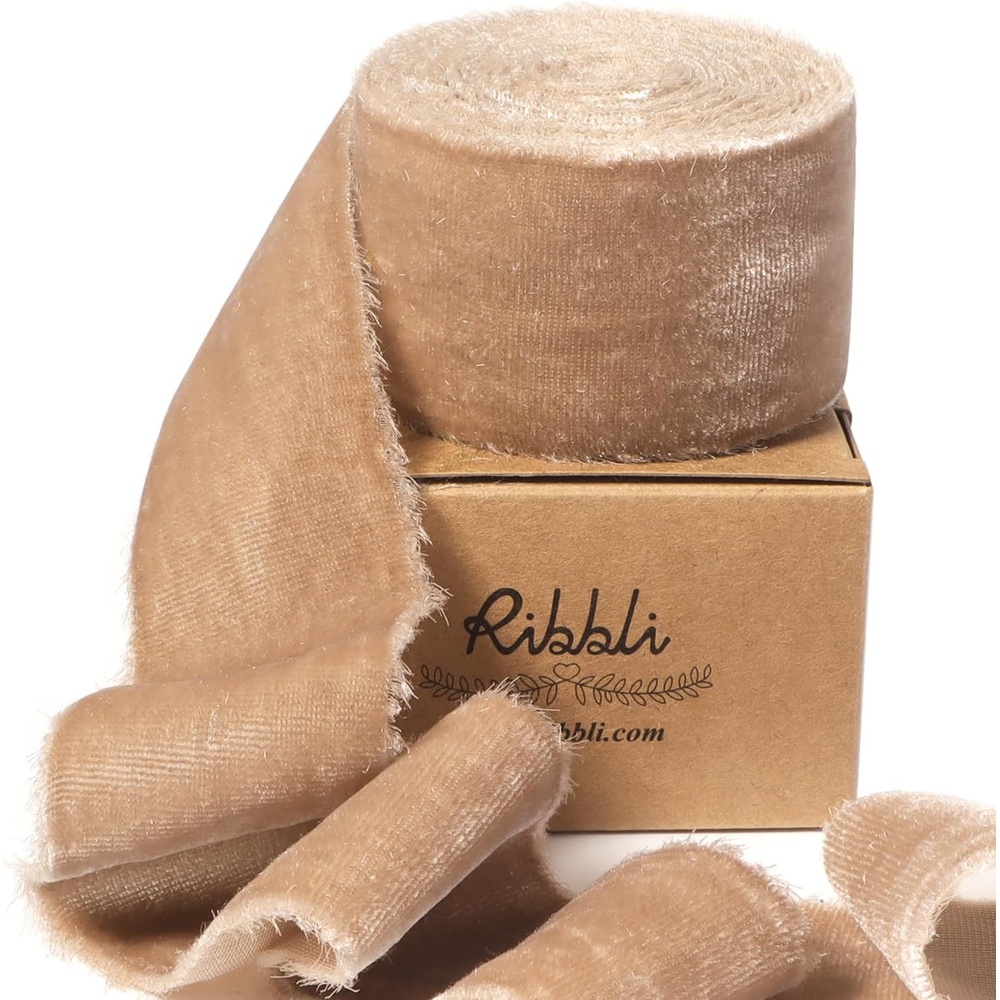 Ribbli Light Champagne Velvet Ribbon 2 Inch Handmade Frayed Vintage Christmas Ribbon for Gift Wrapping Christmas Tree Ornament Wreath Craft Home Decor-3 Yards(Camel)