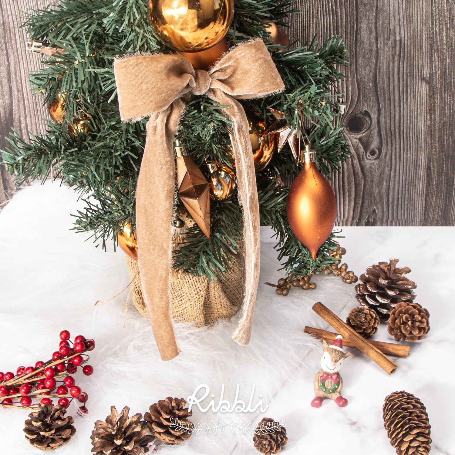 Ribbli Light Champagne Velvet Ribbon 2 Inch Handmade Frayed Vintage Christmas Ribbon for Gift Wrapping Christmas Tree Ornament Wreath Craft Home Decor-3 Yards(Camel)
