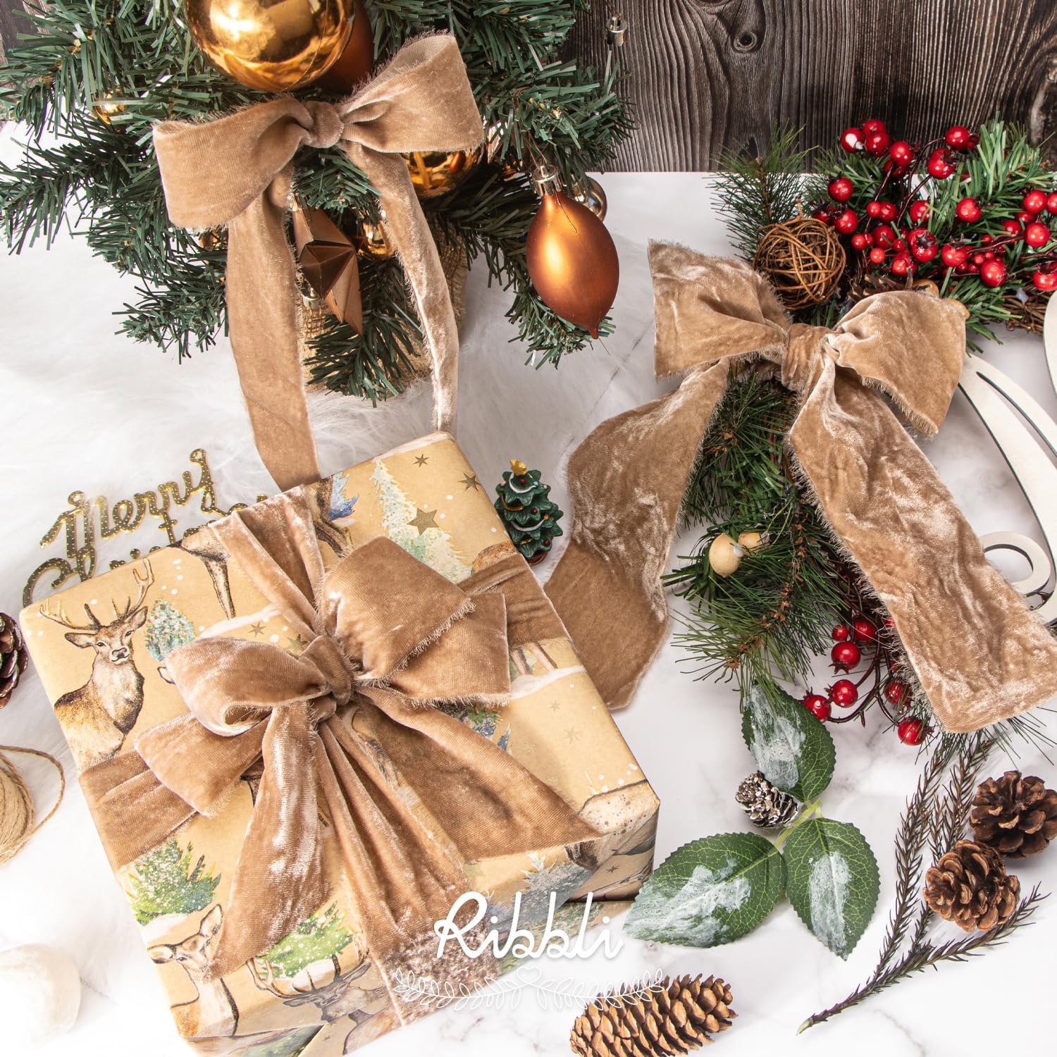 Ribbli Light Champagne Velvet Ribbon 2 Inch Handmade Frayed Vintage Christmas Ribbon for Gift Wrapping Christmas Tree Ornament Wreath Craft Home Decor-3 Yards(Camel)
