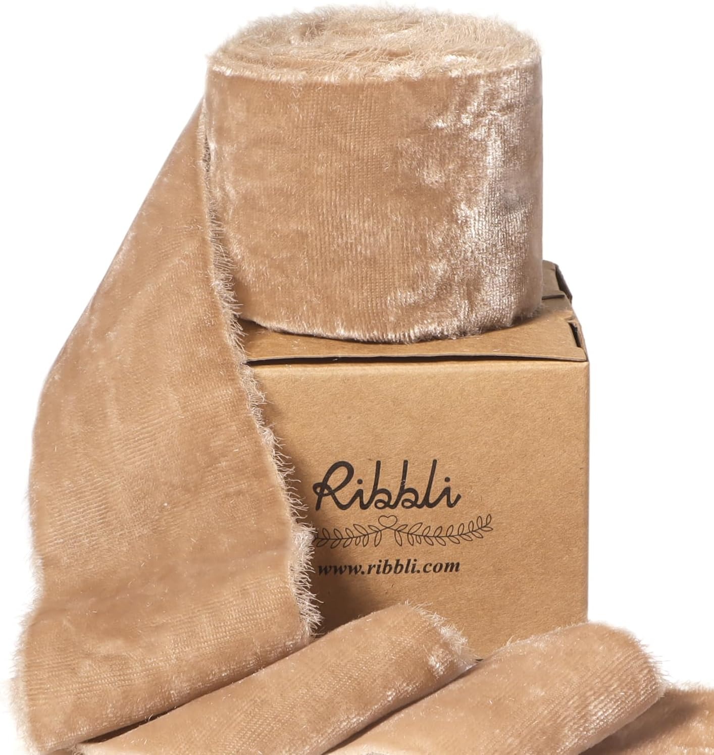 Ribbli Light Champagne Velvet Ribbon 2 Inch Handmade Frayed Vintage Christmas Ribbon for Gift Wrapping Christmas Tree Ornament Wreath Craft Home Decor-3 Yards(Camel)