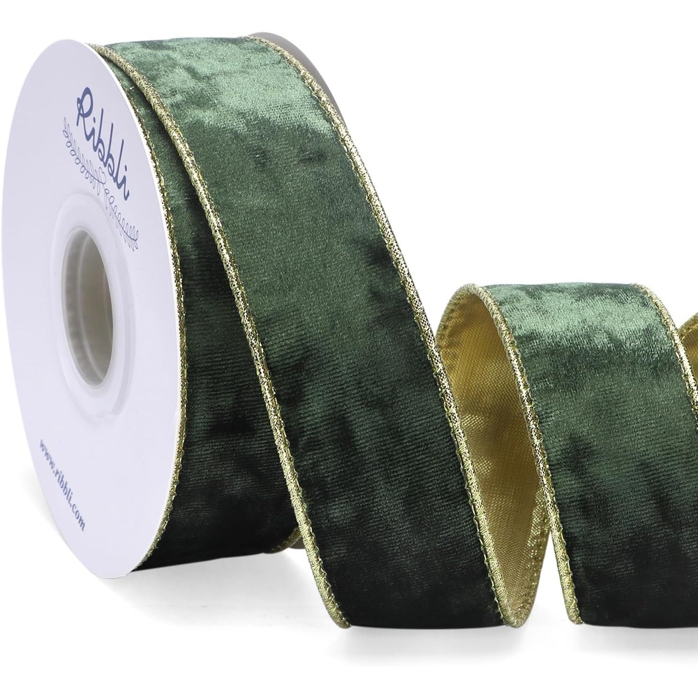 Ribbli Black Velvet Wired Ribbon 2.5 Inch Metallic Black Gold Crushed Velvet Christmas Ribbon for Gift Wrapping Christmas Tree Decoration Crafts Wreaths Supplies-Continuous 10 Yards(Moss Green)