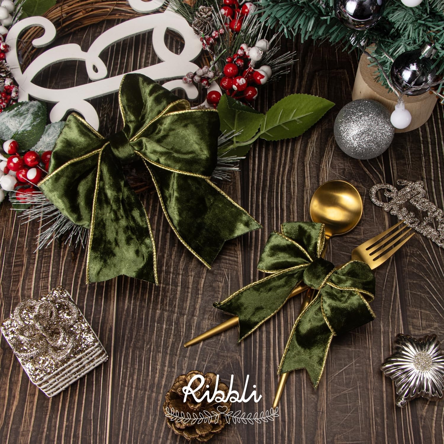 Ribbli Black Velvet Wired Ribbon 2.5 Inch Metallic Black Gold Crushed Velvet Christmas Ribbon for Gift Wrapping Christmas Tree Decoration Crafts Wreaths Supplies-Continuous 10 Yards(Moss Green)