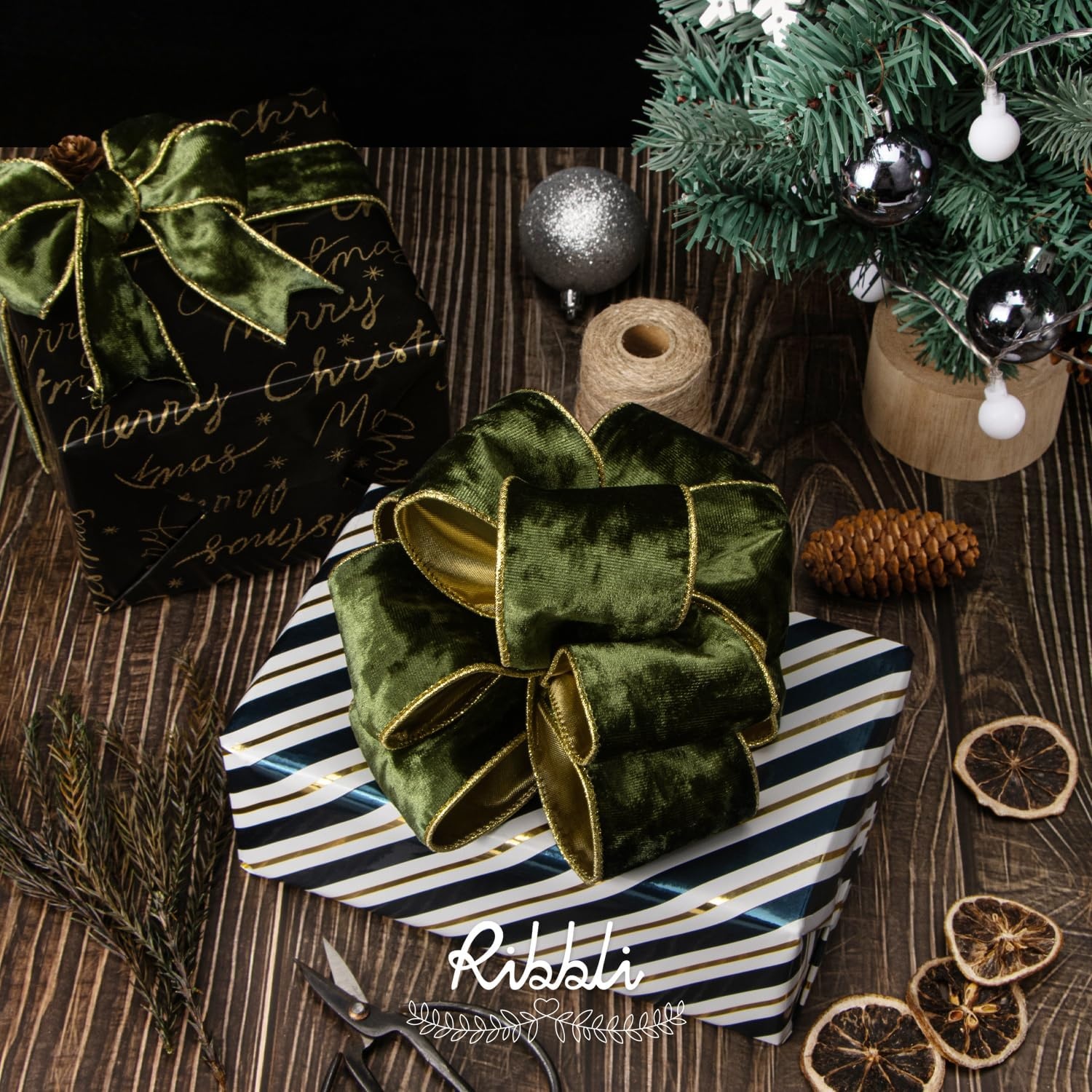 Ribbli Black Velvet Wired Ribbon 2.5 Inch Metallic Black Gold Crushed Velvet Christmas Ribbon for Gift Wrapping Christmas Tree Decoration Crafts Wreaths Supplies-Continuous 10 Yards(Moss Green)