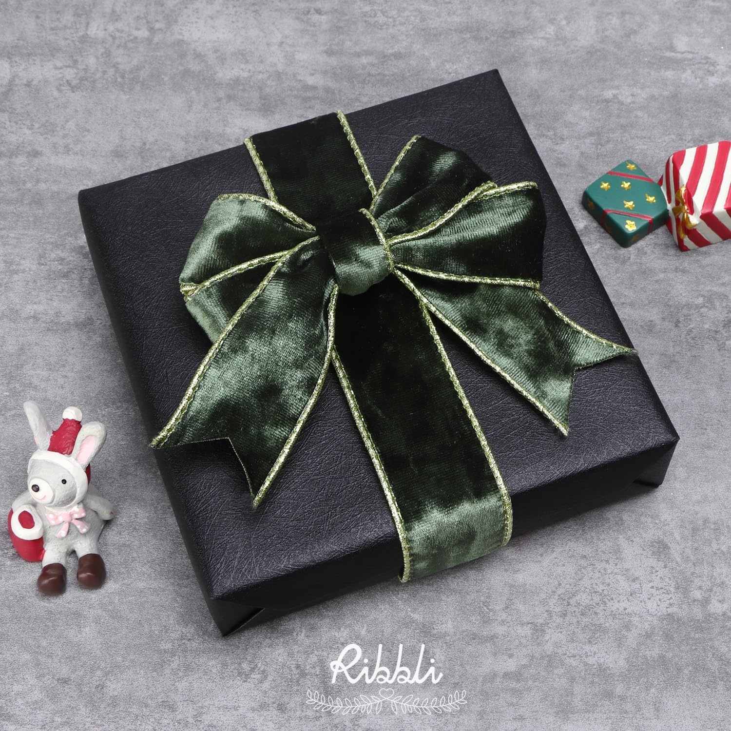 Ribbli Black Velvet Wired Ribbon 2.5 Inch Metallic Black Gold Crushed Velvet Christmas Ribbon for Gift Wrapping Christmas Tree Decoration Crafts Wreaths Supplies-Continuous 10 Yards(Moss Green)