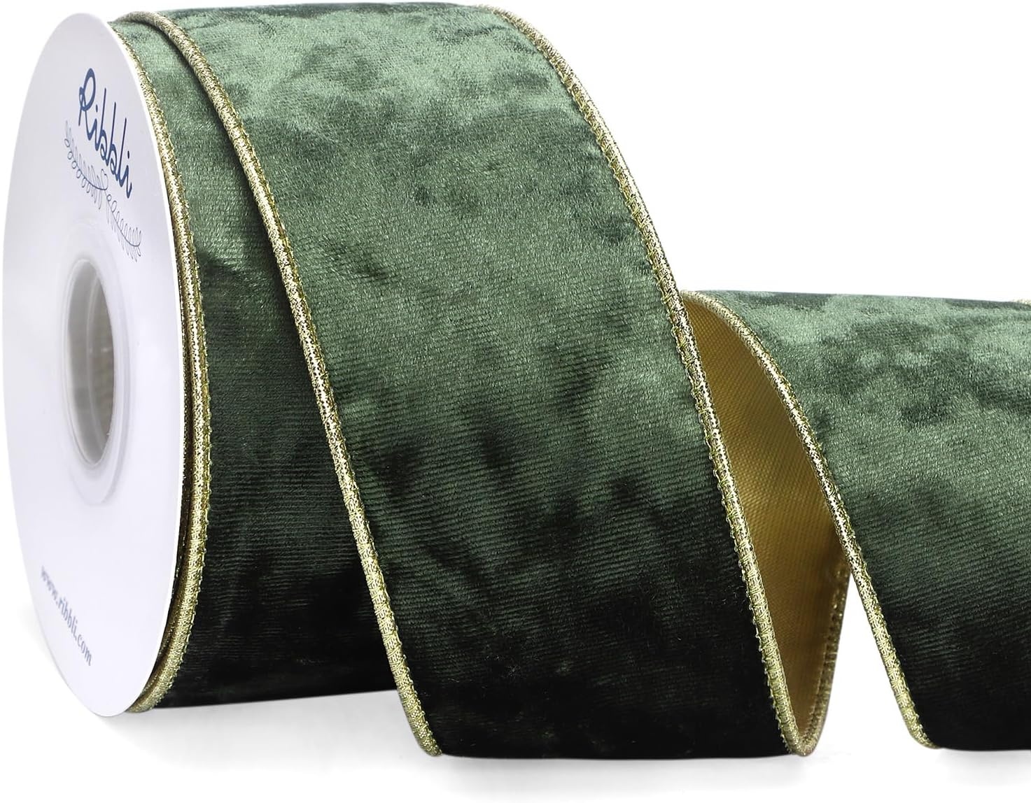 Ribbli Black Velvet Wired Ribbon 2.5 Inch Metallic Black Gold Crushed Velvet Christmas Ribbon for Gift Wrapping Christmas Tree Decoration Crafts Wreaths Supplies-Continuous 10 Yards(Moss Green)