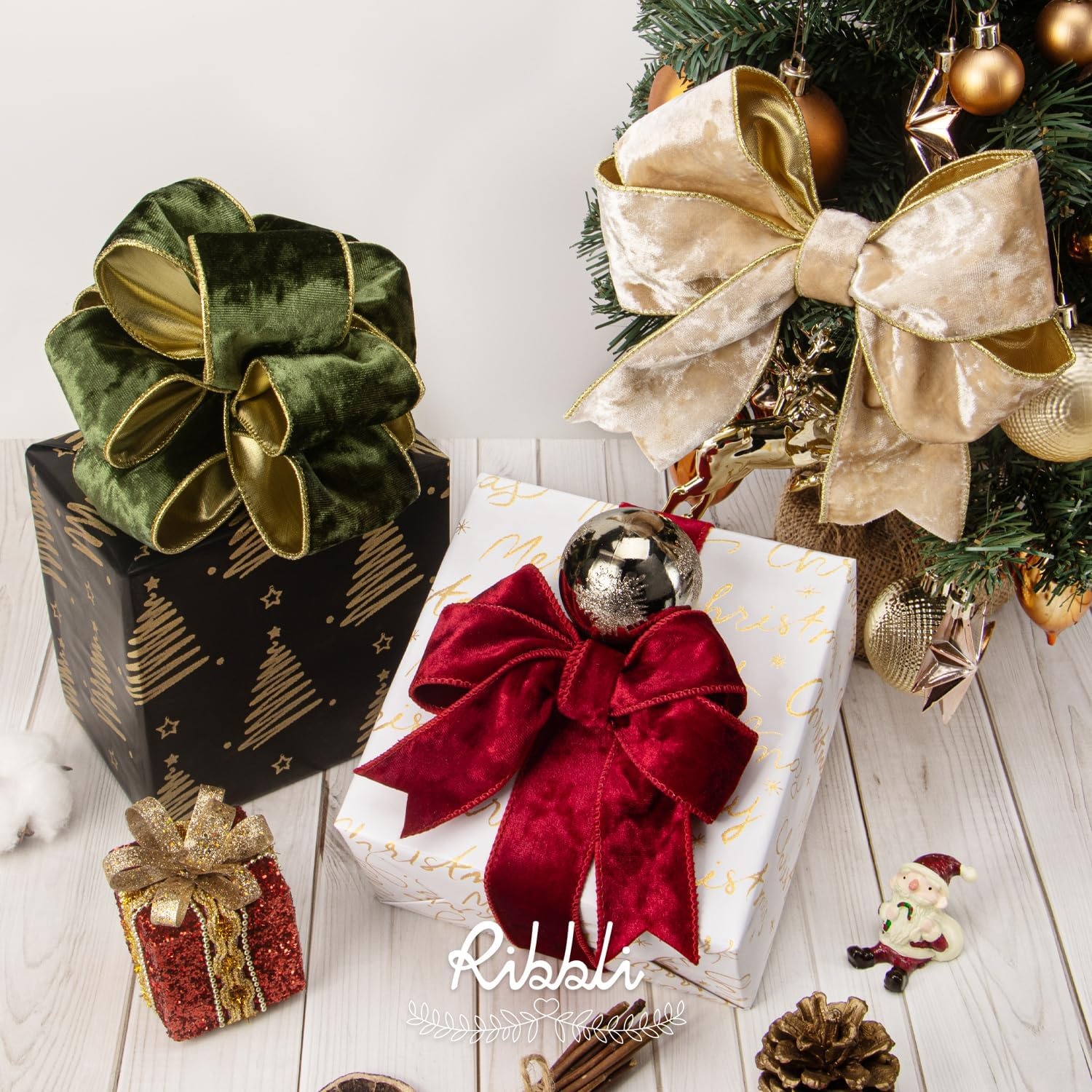 Ribbli Black Velvet Wired Ribbon 2.5 Inch Metallic Black Gold Crushed Velvet Christmas Ribbon for Gift Wrapping Christmas Tree Decoration Crafts Wreaths Supplies-Continuous 10 Yards(Moss Green)