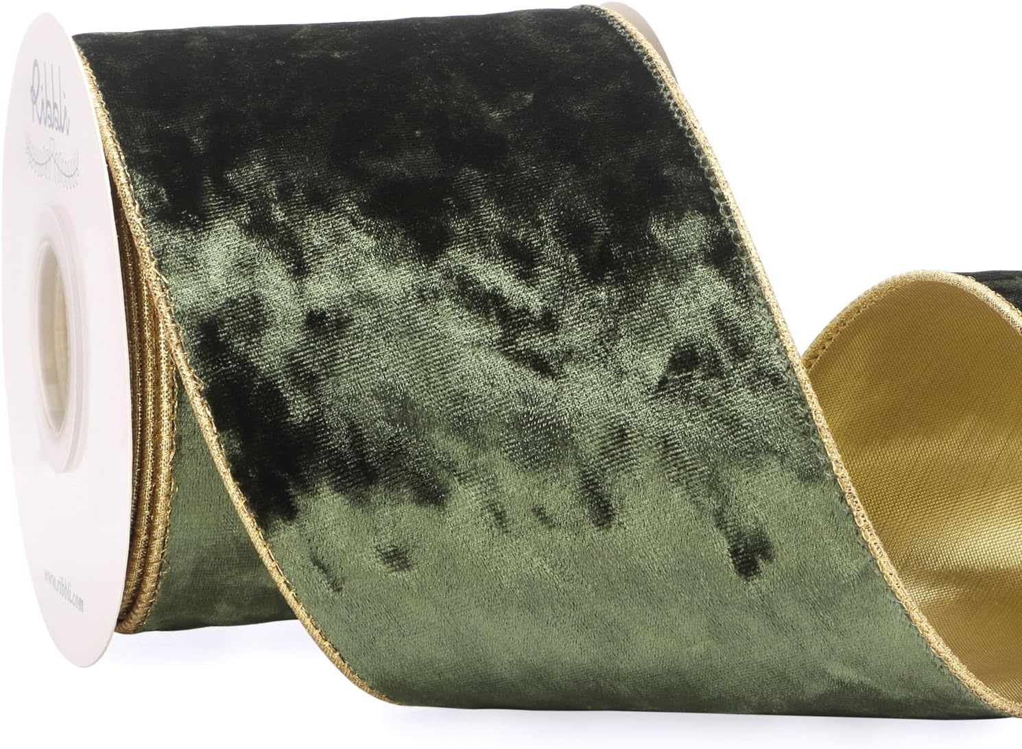 Ribbli Black Velvet Wired Ribbon 2.5 Inch Metallic Black Gold Crushed Velvet Christmas Ribbon for Gift Wrapping Christmas Tree Decoration Crafts Wreaths Supplies-Continuous 10 Yards(Moss Green)