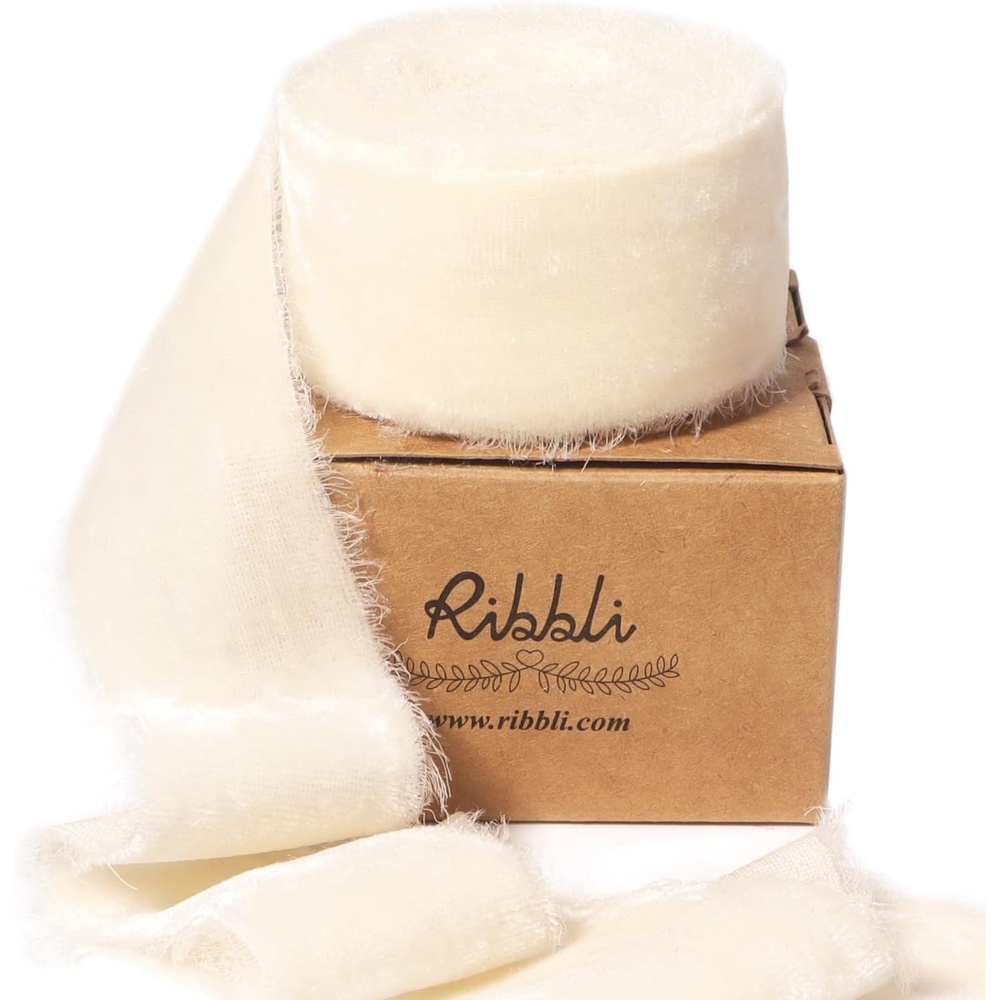 Ribbli Light Champagne Velvet Ribbon 2 Inch Handmade Frayed Vintage Christmas Ribbon for Gift Wrapping Christmas Tree Ornament Wreath Craft Home Decor-3 Yards(Ivory)