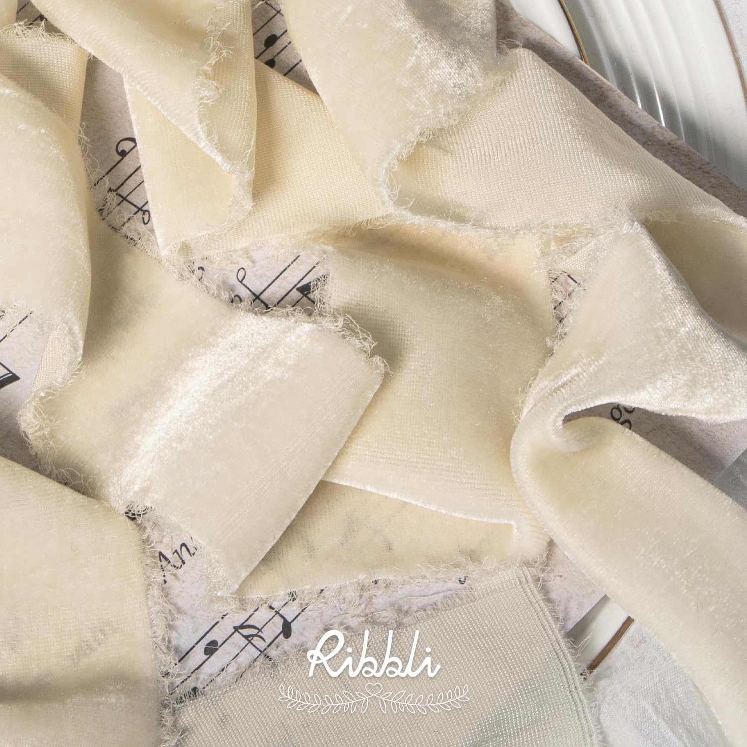 Ribbli Light Champagne Velvet Ribbon 2 Inch Handmade Frayed Vintage Christmas Ribbon for Gift Wrapping Christmas Tree Ornament Wreath Craft Home Decor-3 Yards(Ivory)