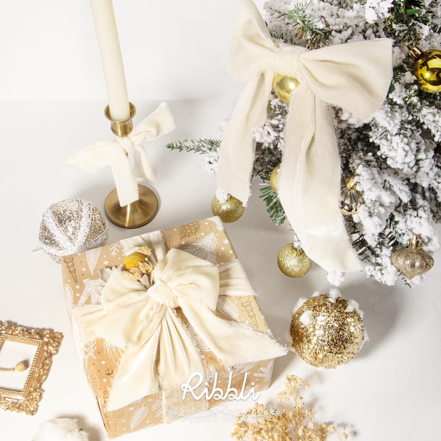 Ribbli Light Champagne Velvet Ribbon 2 Inch Handmade Frayed Vintage Christmas Ribbon for Gift Wrapping Christmas Tree Ornament Wreath Craft Home Decor-3 Yards(Ivory)