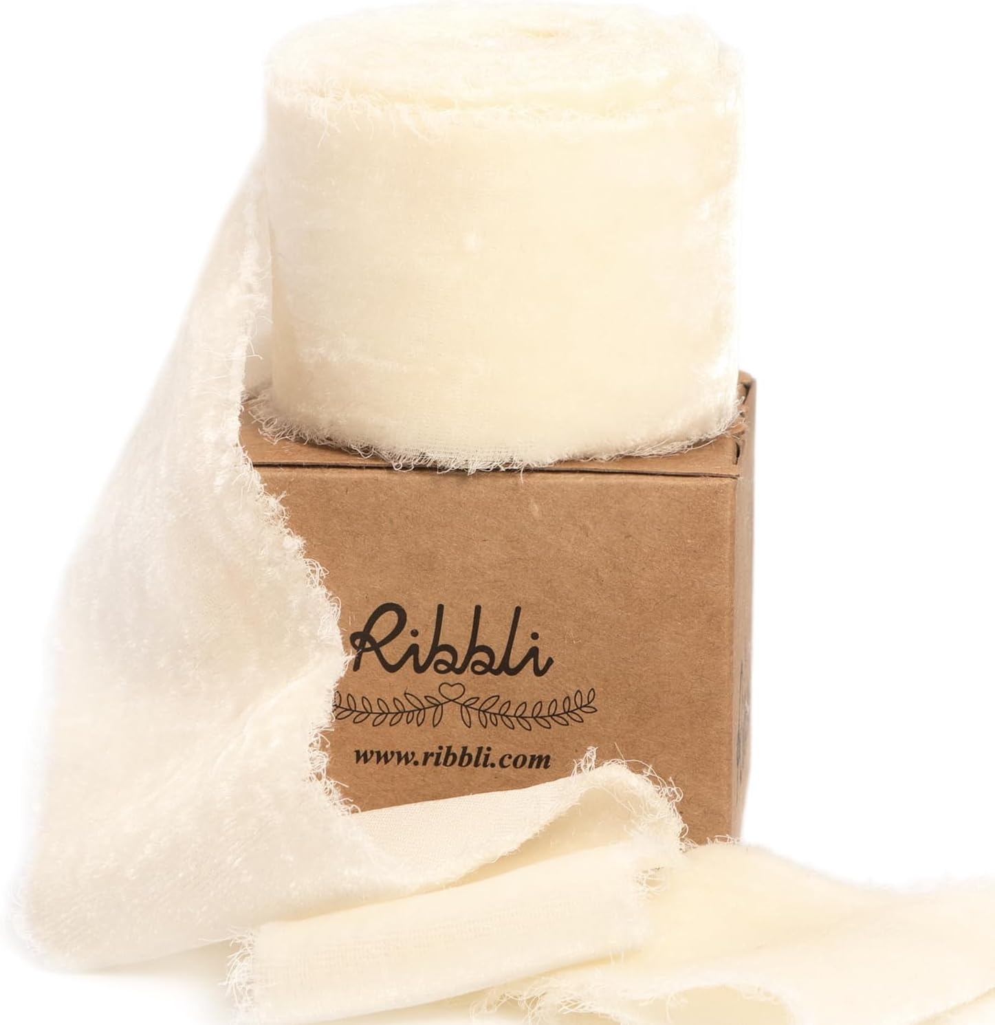 Ribbli Light Champagne Velvet Ribbon 2 Inch Handmade Frayed Vintage Christmas Ribbon for Gift Wrapping Christmas Tree Ornament Wreath Craft Home Decor-3 Yards(Ivory)