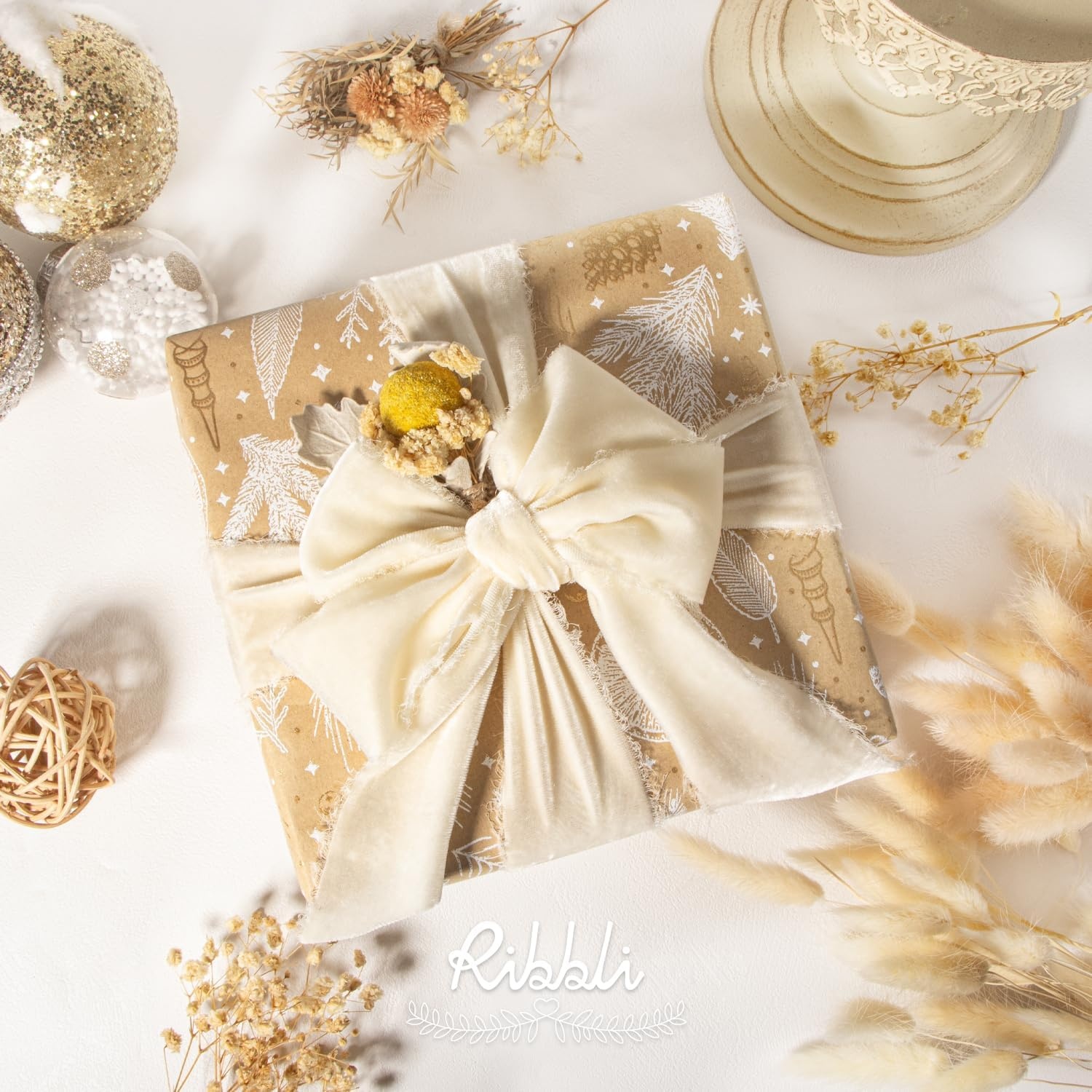 Ribbli Light Champagne Velvet Ribbon 2 Inch Handmade Frayed Vintage Christmas Ribbon for Gift Wrapping Christmas Tree Ornament Wreath Craft Home Decor-3 Yards(Ivory)