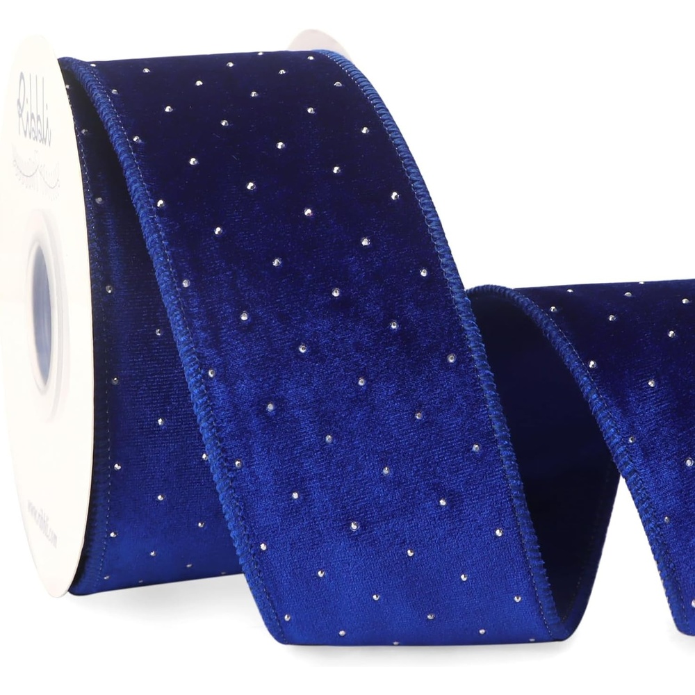 Ribbli Dusty Blue Luxury Velvet with Diamond Wired Ribbon, 2-1/2 Inch 10-Yard for Gift Wrapping Christmas Tree Decoration Crafts Wreaths Supplies(Royal Blue)