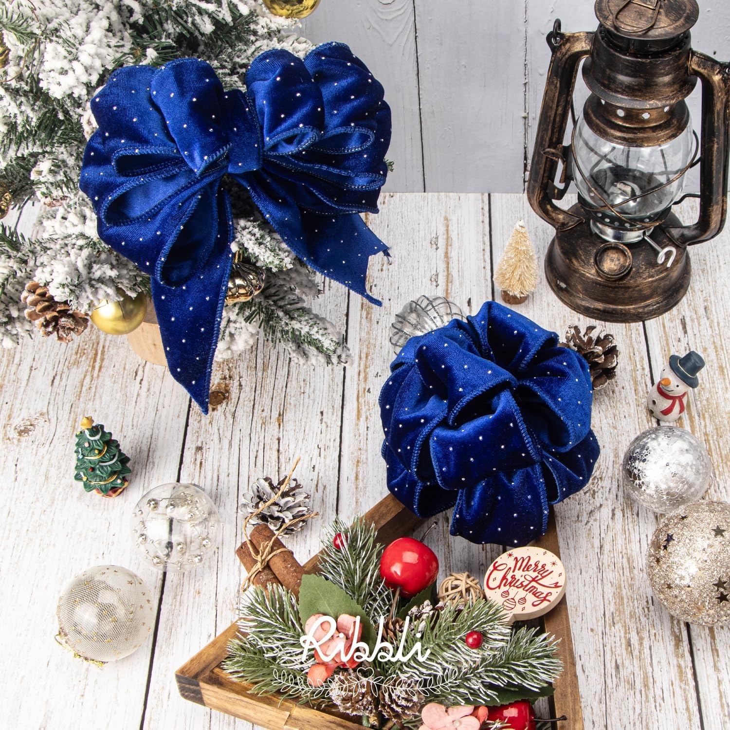 Ribbli Dusty Blue Luxury Velvet with Diamond Wired Ribbon, 2-1/2 Inch 10-Yard for Gift Wrapping Christmas Tree Decoration Crafts Wreaths Supplies(Royal Blue)