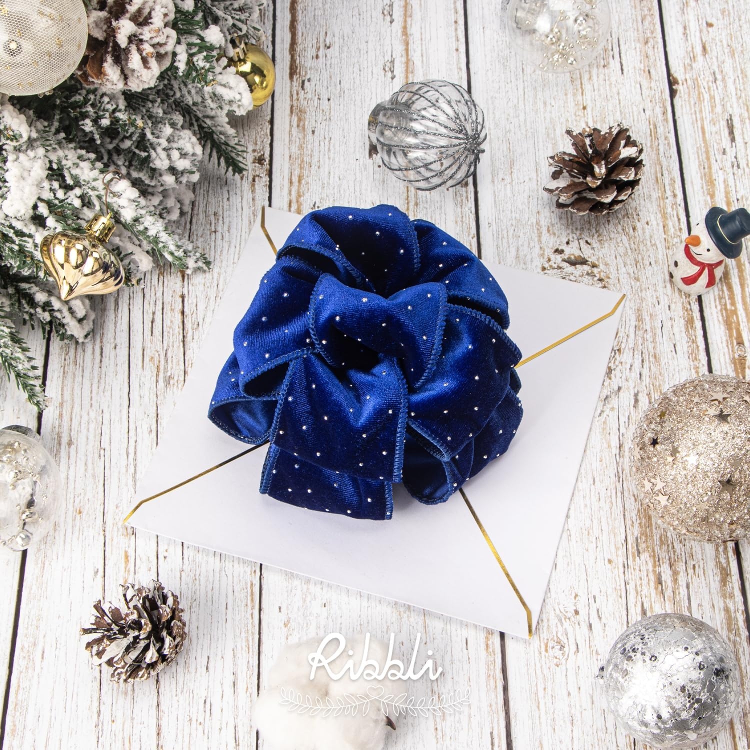 Ribbli Dusty Blue Luxury Velvet with Diamond Wired Ribbon, 2-1/2 Inch 10-Yard for Gift Wrapping Christmas Tree Decoration Crafts Wreaths Supplies(Royal Blue)