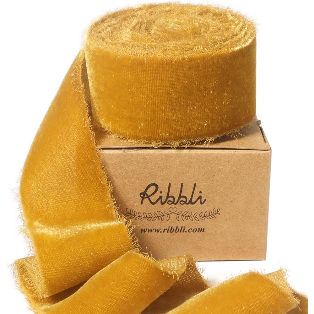 Ribbli Light Champagne Velvet Ribbon 2 Inch Handmade Frayed Vintage Christmas Ribbon for Gift Wrapping Christmas Tree Ornament Wreath Craft Home Decor-3 Yards(Gold)