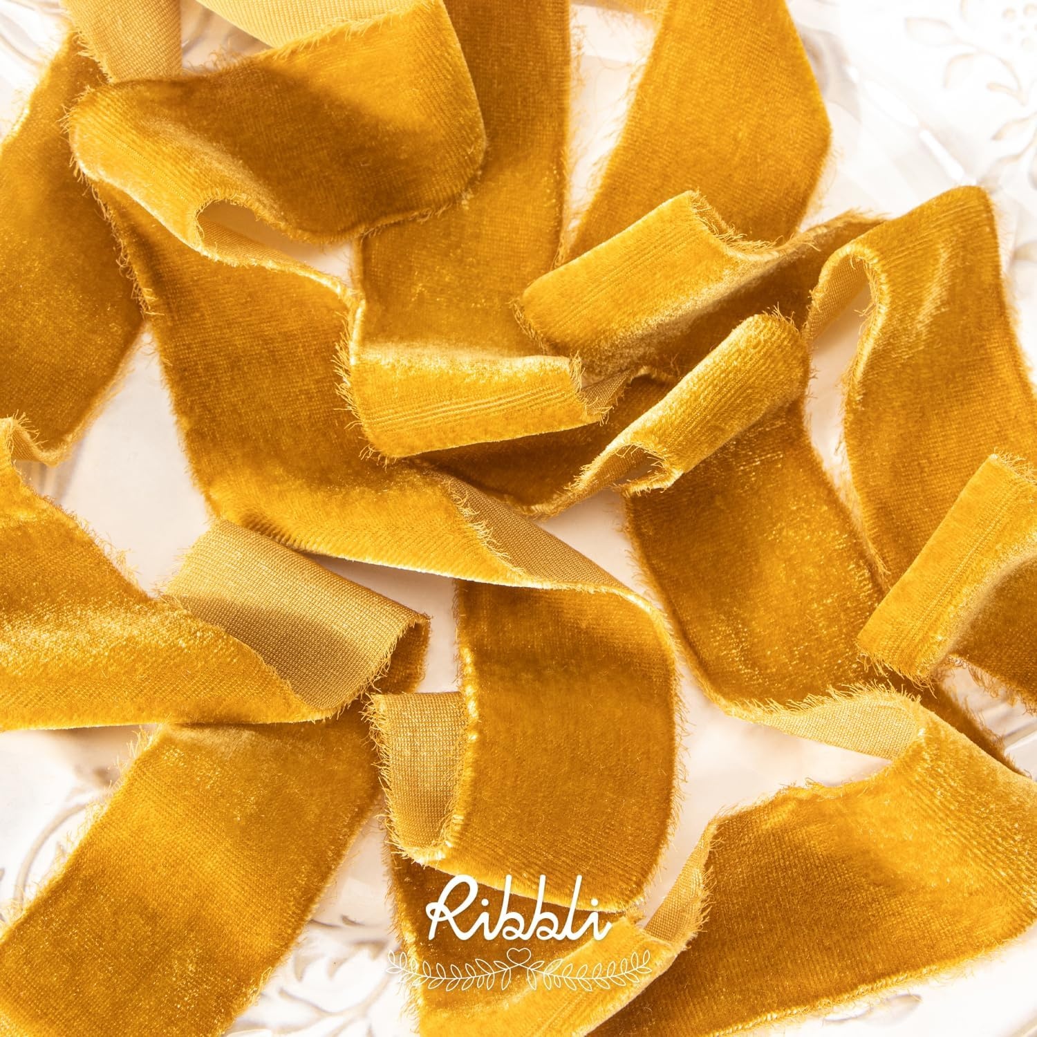Ribbli Light Champagne Velvet Ribbon 2 Inch Handmade Frayed Vintage Christmas Ribbon for Gift Wrapping Christmas Tree Ornament Wreath Craft Home Decor-3 Yards(Gold)