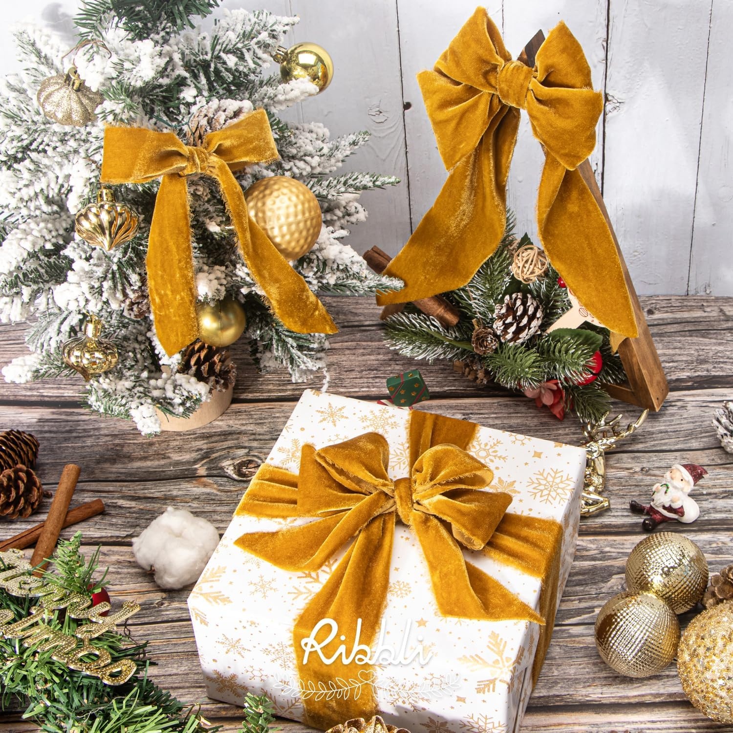 Ribbli Light Champagne Velvet Ribbon 2 Inch Handmade Frayed Vintage Christmas Ribbon for Gift Wrapping Christmas Tree Ornament Wreath Craft Home Decor-3 Yards(Gold)
