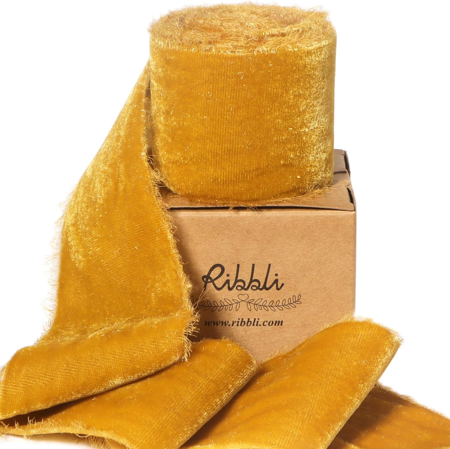 Ribbli Light Champagne Velvet Ribbon 2 Inch Handmade Frayed Vintage Christmas Ribbon for Gift Wrapping Christmas Tree Ornament Wreath Craft Home Decor-3 Yards(Gold)