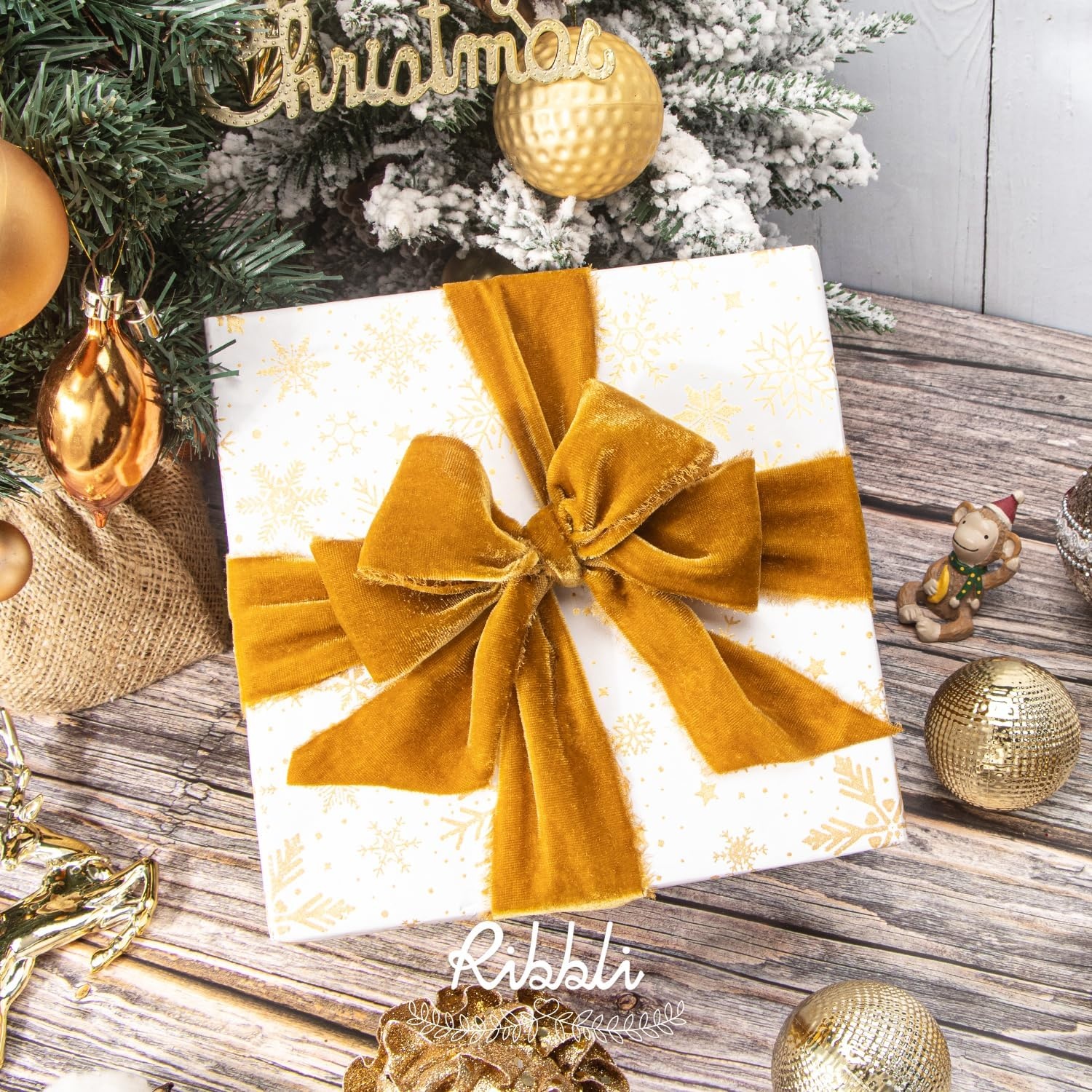 Ribbli Light Champagne Velvet Ribbon 2 Inch Handmade Frayed Vintage Christmas Ribbon for Gift Wrapping Christmas Tree Ornament Wreath Craft Home Decor-3 Yards(Gold)