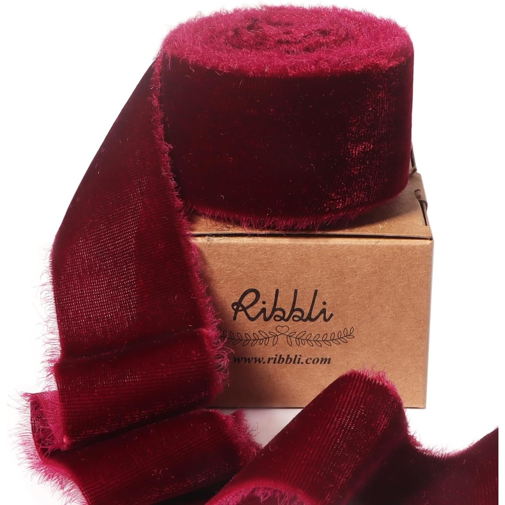 Ribbli Light Champagne Velvet Ribbon 2 Inch Handmade Frayed Vintage Christmas Ribbon for Gift Wrapping Christmas Tree Ornament Wreath Craft Home Decor-3 Yards(Burgundy)