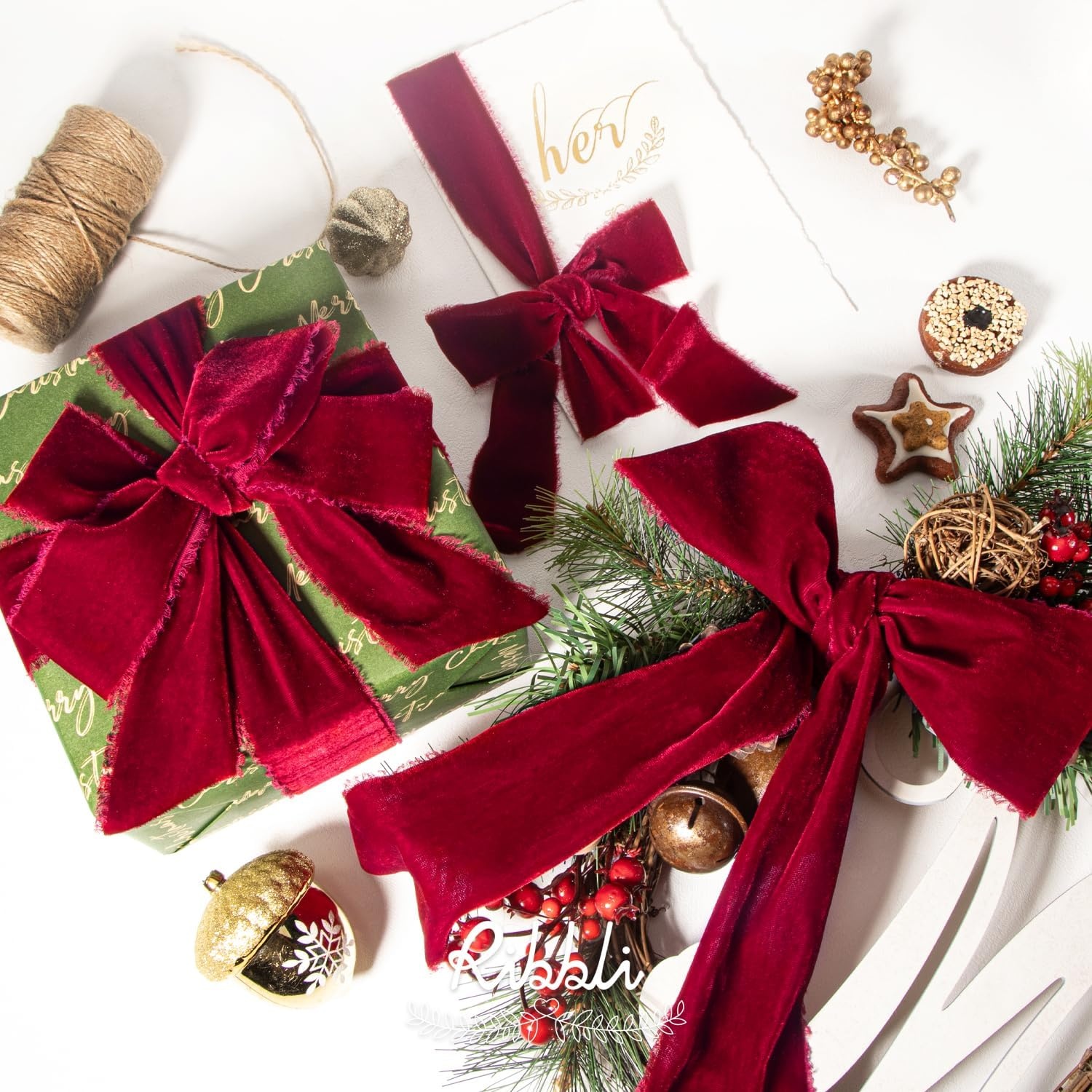 Ribbli Light Champagne Velvet Ribbon 2 Inch Handmade Frayed Vintage Christmas Ribbon for Gift Wrapping Christmas Tree Ornament Wreath Craft Home Decor-3 Yards(Burgundy)