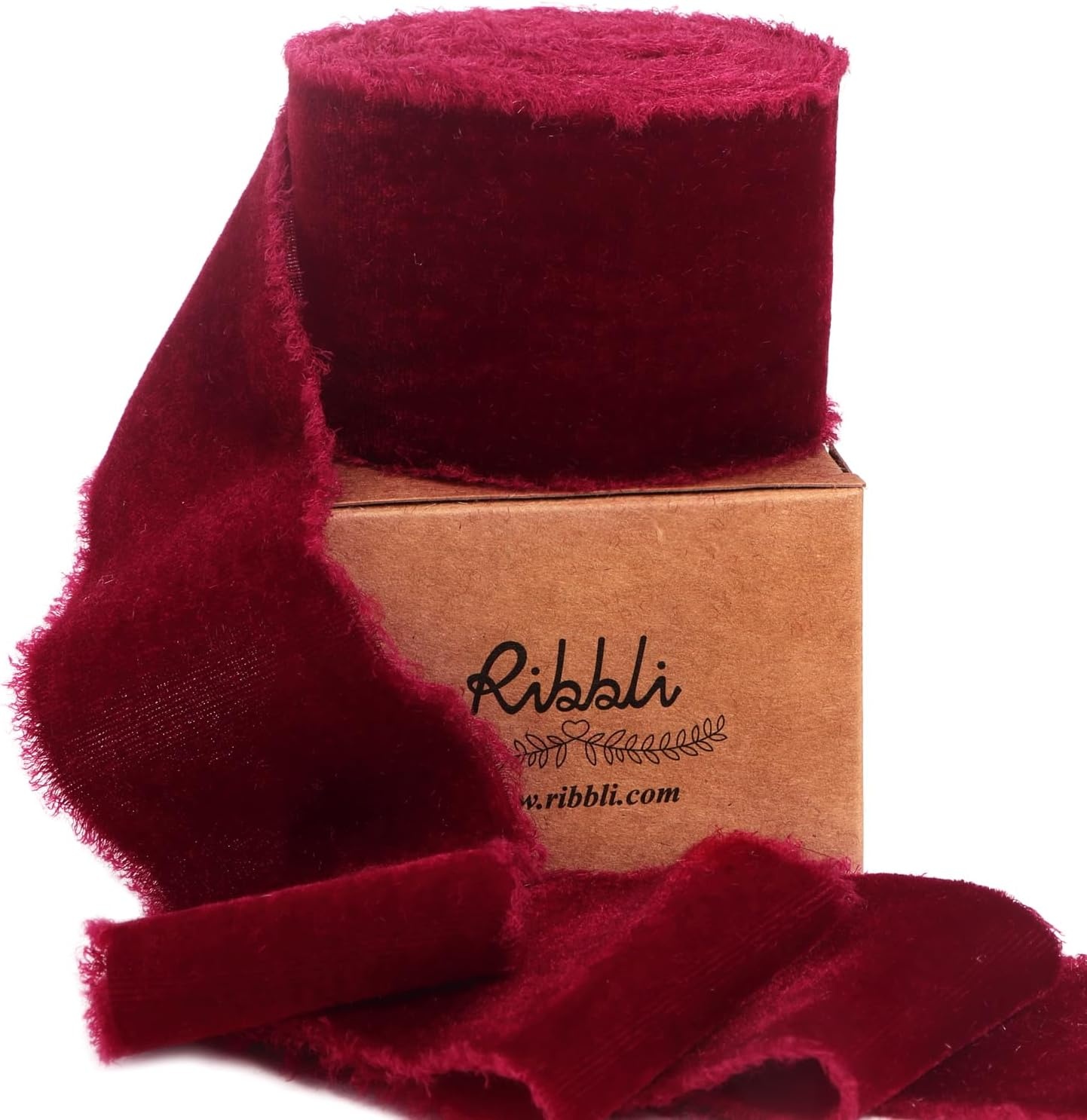 Ribbli Light Champagne Velvet Ribbon 2 Inch Handmade Frayed Vintage Christmas Ribbon for Gift Wrapping Christmas Tree Ornament Wreath Craft Home Decor-3 Yards(Burgundy)