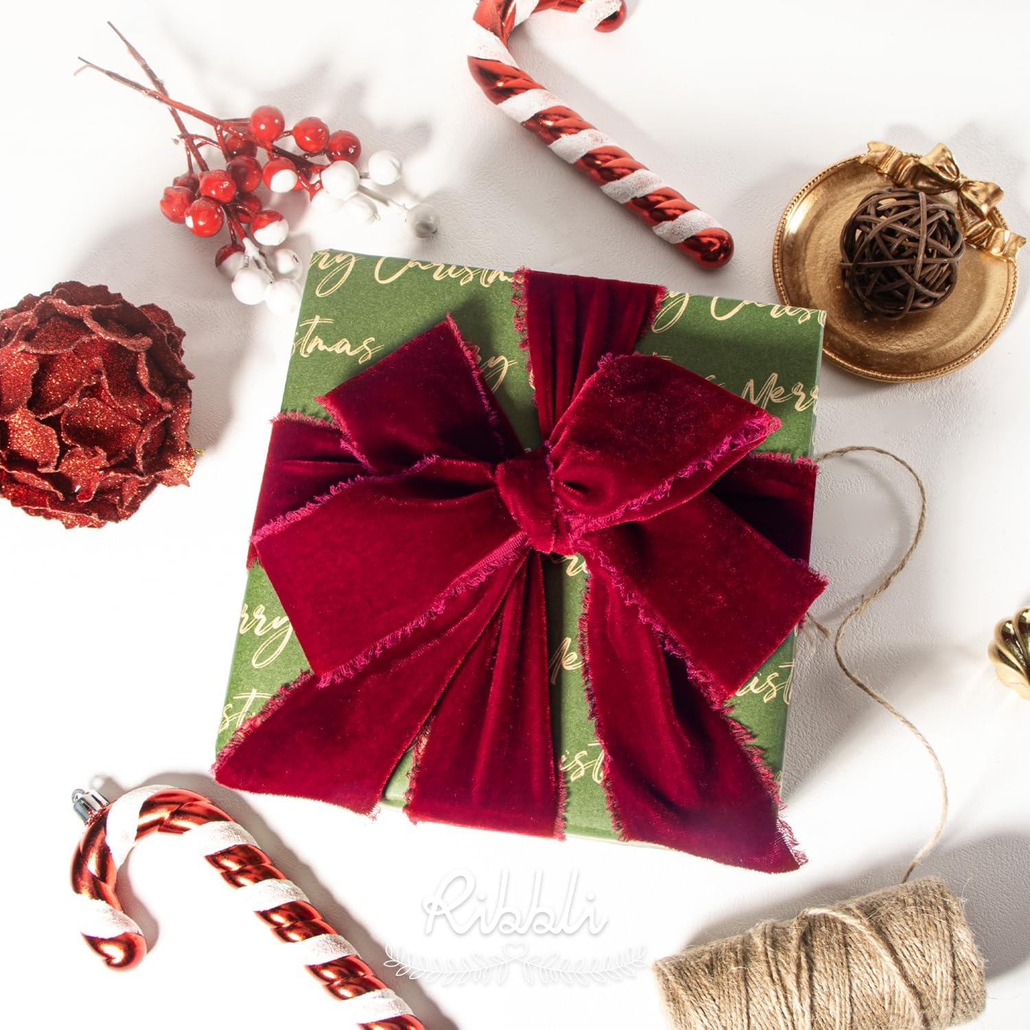 Ribbli Light Champagne Velvet Ribbon 2 Inch Handmade Frayed Vintage Christmas Ribbon for Gift Wrapping Christmas Tree Ornament Wreath Craft Home Decor-3 Yards(Burgundy)
