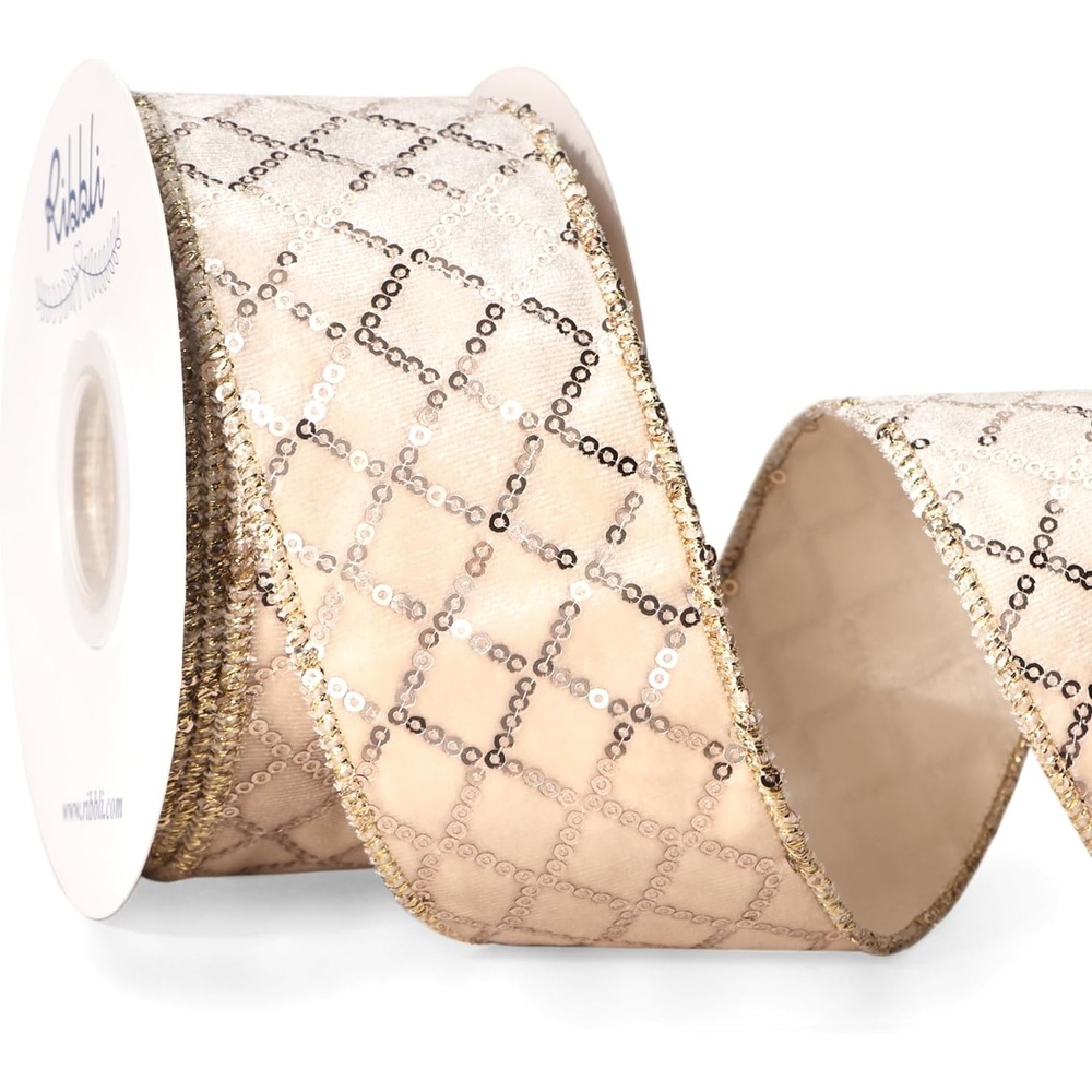 Ribbli Champagne Gold Velvet Wired Ribbon with Glitter Sequin 2.5 Inch x 10 Yards Christmas Ribbon for Gift Wrapping Tree Decoration Crafts Wreaths Supplies(Ivory/Champagne)
