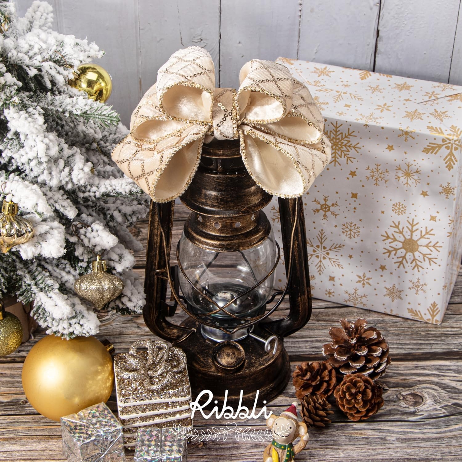 Ribbli Champagne Gold Velvet Wired Ribbon with Glitter Sequin 2.5 Inch x 10 Yards Christmas Ribbon for Gift Wrapping Tree Decoration Crafts Wreaths Supplies(Ivory/Champagne)