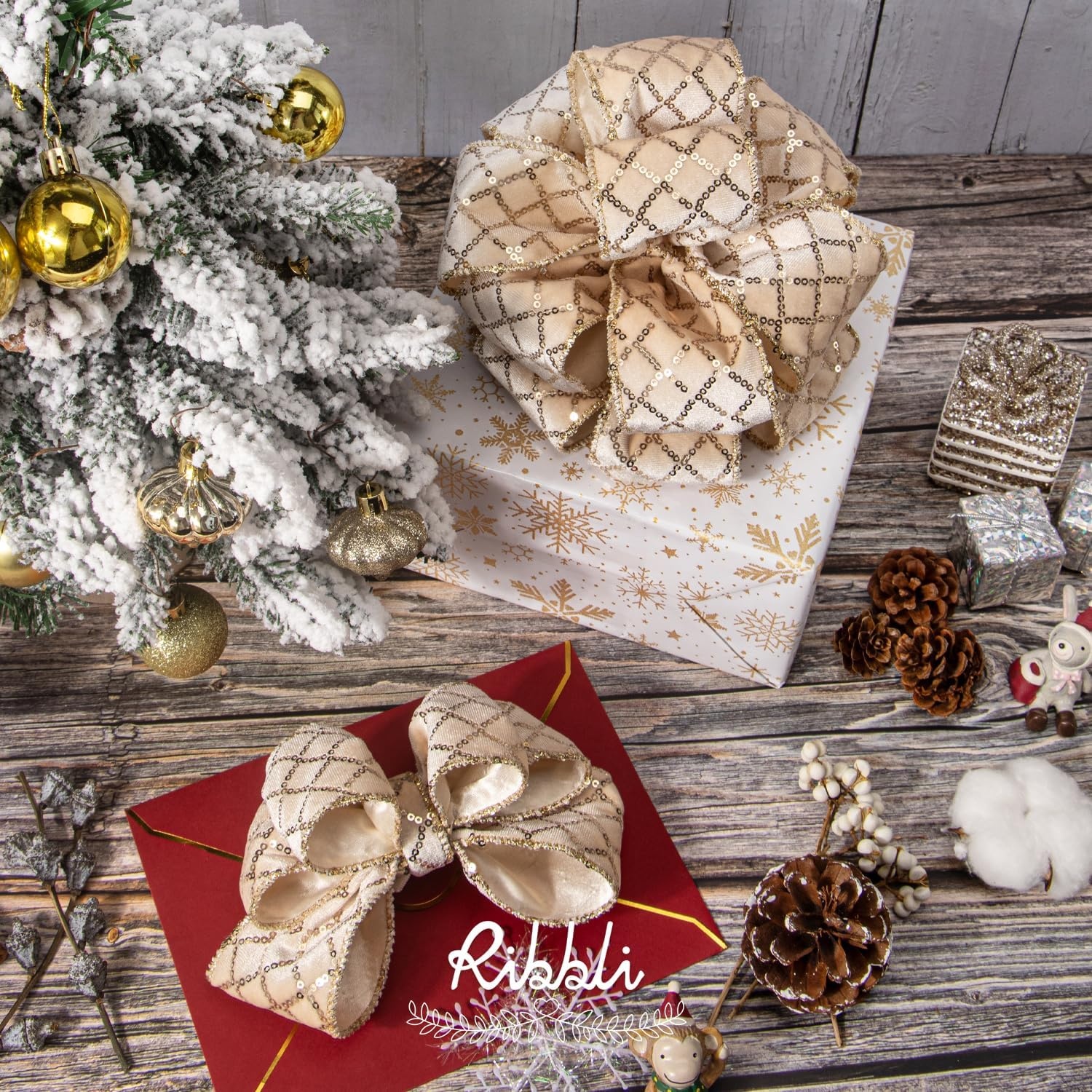 Ribbli Champagne Gold Velvet Wired Ribbon with Glitter Sequin 2.5 Inch x 10 Yards Christmas Ribbon for Gift Wrapping Tree Decoration Crafts Wreaths Supplies(Ivory/Champagne)
