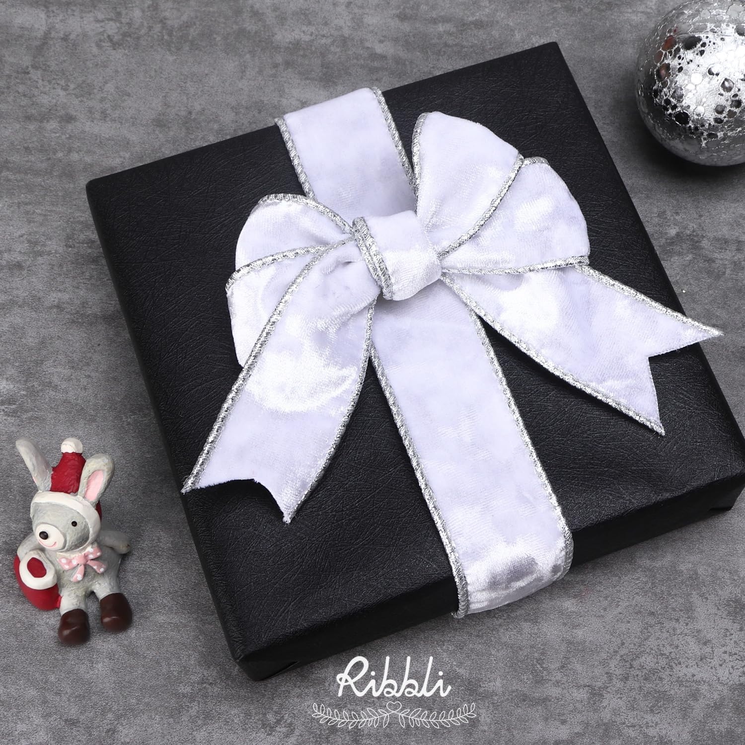 Ribbli Black Velvet Wired Ribbon 2.5 Inch Metallic Black Gold Crushed Velvet Christmas Ribbon for Gift Wrapping Christmas Tree Decoration Crafts Wreaths Supplies-Continuous 10 Yards(White)