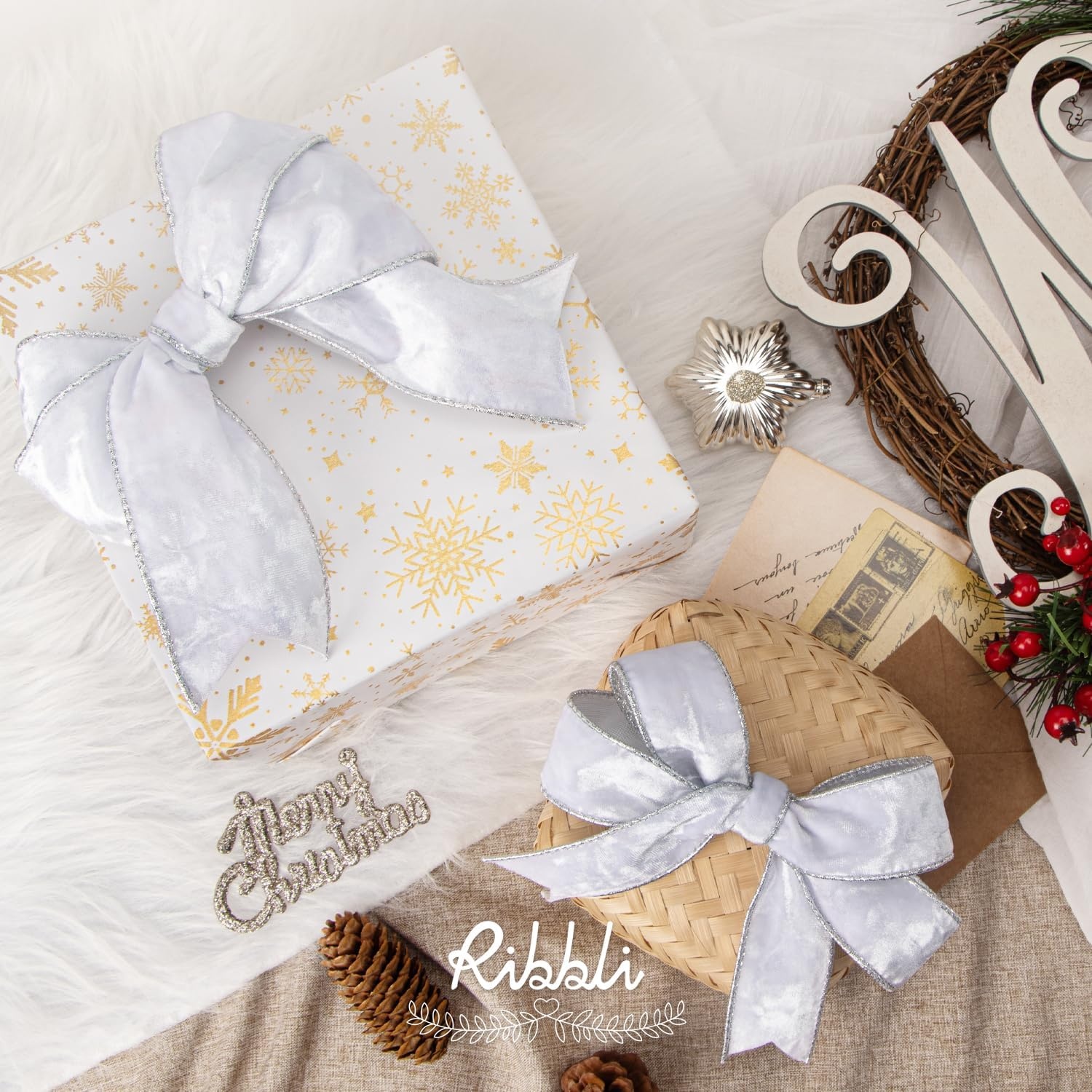 Ribbli Black Velvet Wired Ribbon 2.5 Inch Metallic Black Gold Crushed Velvet Christmas Ribbon for Gift Wrapping Christmas Tree Decoration Crafts Wreaths Supplies-Continuous 10 Yards(White)