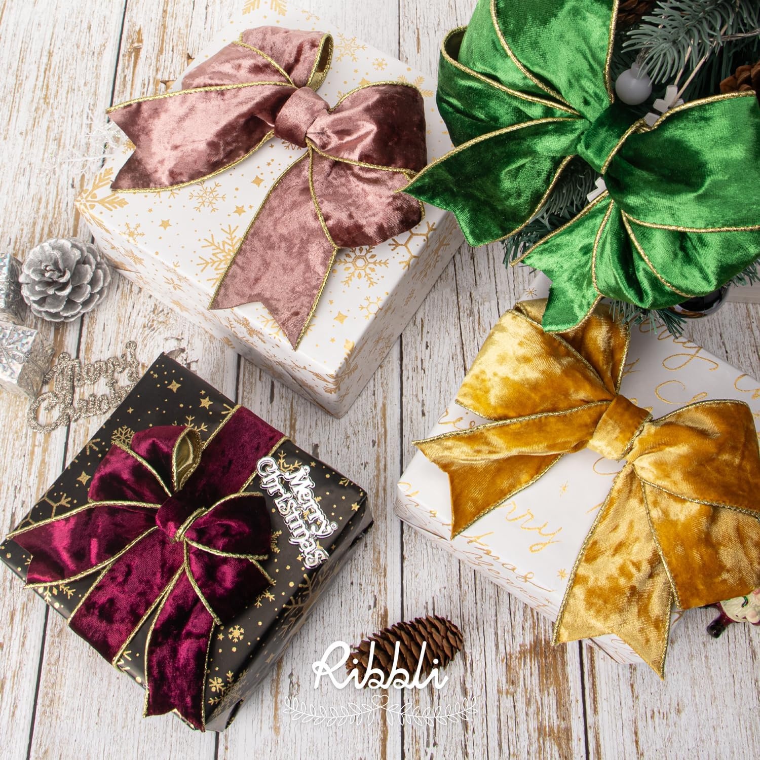 Ribbli Black Velvet Wired Ribbon 2.5 Inch Metallic Black Gold Crushed Velvet Christmas Ribbon for Gift Wrapping Christmas Tree Decoration Crafts Wreaths Supplies-Continuous 10 Yards(White)