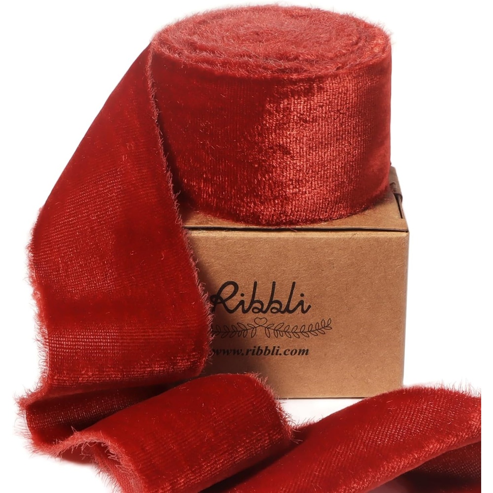 Ribbli Light Champagne Velvet Ribbon 2 Inch Handmade Frayed Vintage Christmas Ribbon for Gift Wrapping Christmas Tree Ornament Wreath Craft Home Decor-3 Yards(Rust Red)