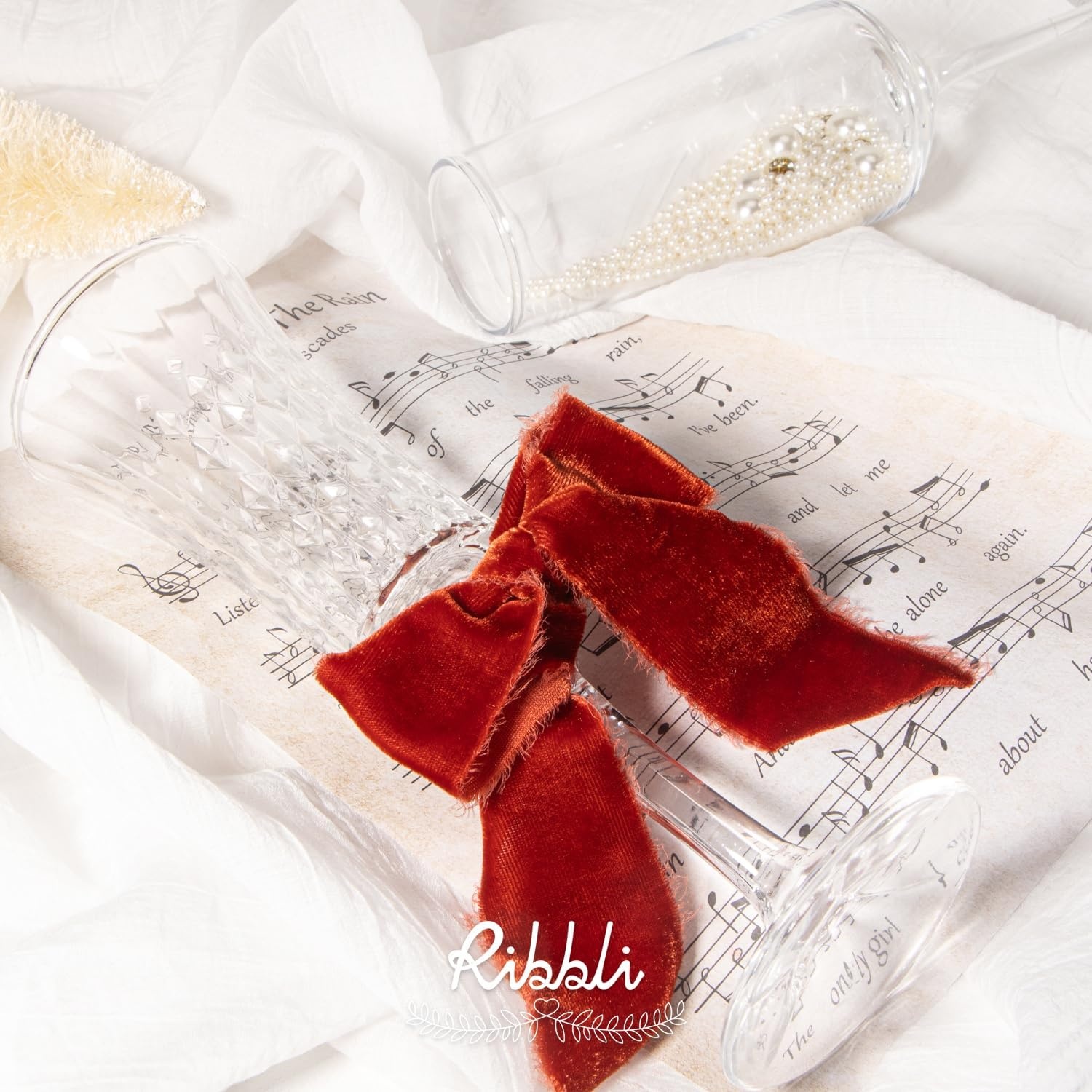 Ribbli Light Champagne Velvet Ribbon 2 Inch Handmade Frayed Vintage Christmas Ribbon for Gift Wrapping Christmas Tree Ornament Wreath Craft Home Decor-3 Yards(Rust Red)