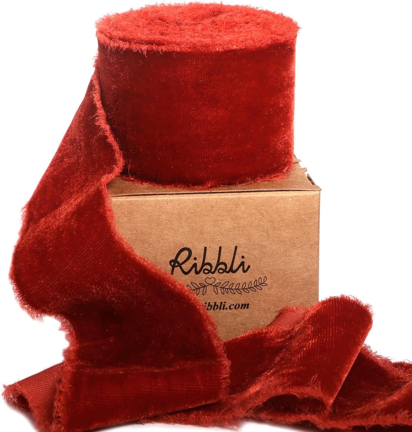 Ribbli Light Champagne Velvet Ribbon 2 Inch Handmade Frayed Vintage Christmas Ribbon for Gift Wrapping Christmas Tree Ornament Wreath Craft Home Decor-3 Yards(Rust Red)