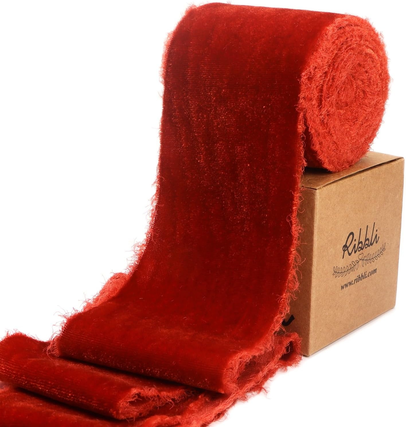 Ribbli Light Champagne Velvet Ribbon 2 Inch Handmade Frayed Vintage Christmas Ribbon for Gift Wrapping Christmas Tree Ornament Wreath Craft Home Decor-3 Yards(Rust Red)